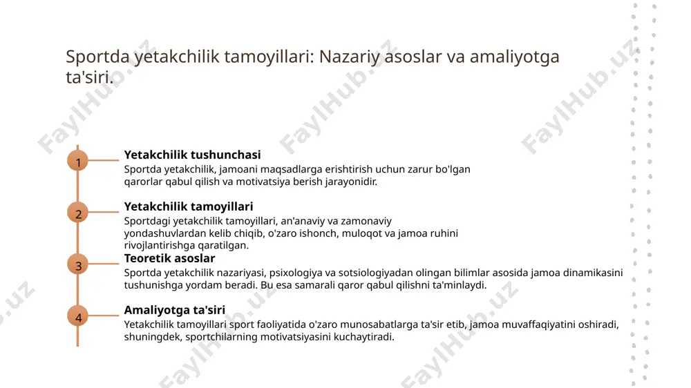 rish uchun an'anaviy usullar, masalan, murabbiylarning qo'llab-quvvatlashi va jamoa ruhini oshirish o'ziga xos motivatsiya manbalaridir. madaniyat ta'siri o'zbek sport madaniyatida jamoaviy ish va bir-birini qo'llab-quvvatlash an'analari, motivatsiyaning kuchayishiga va o'zaro hurmatga olib keladi. oʻzbek sport madaniyatida yetakchilik: an'analar va zamonaviy yondashuvlar. o'zbek yetakchilik an'analari o'zbek sport madaniyatida yetakchilik an'analari o'ziga xos xususiyatlarga ega bo'lib, tarixiy tajribalar va qadimiy urf-odatlarga asoslangan. zamonaviy yetakchilik zamonaviy sportda yetakchilik yondashuvlari global standartlarga mos kelib, innovatsion texnologiyalar va jamoa ruhiyatini rivojlantirishga qaratilgan. an'analar va innovatsiyalar an'analarning zamonaviy yondashuvlar bilan uyg'unligi, o'zbek sportida jamoalar muvaffaqiyatiga erishish uchun zarur bo'lgan strategiyalarni belgilaydi. jamoaviy sportda ijtimoiy qadriyatlar va motivatsiya roli. 1 ijtimoiy qadriyatlar jamoaviy sportda ijtimoiy qadriyatlar, jamoa a'zolarining bir-biriga bo'lgan hurmat va hamkorlikni oshirishda muhim rol o'ynaydi. 2 motivatsiyaning ahamiyati sportchilarni rag'batlantirish va ularning maqsadlariga erishishlari uchun motivatsiya strategiyalari muhimdir, bu esa jamoa muvaffaqiyatini ta'minlaydi. 3 o'zbek sport madaniyati o'zbek sport madaniyatida jamoaviy qadriyatlar va motivatsiya an'analari …