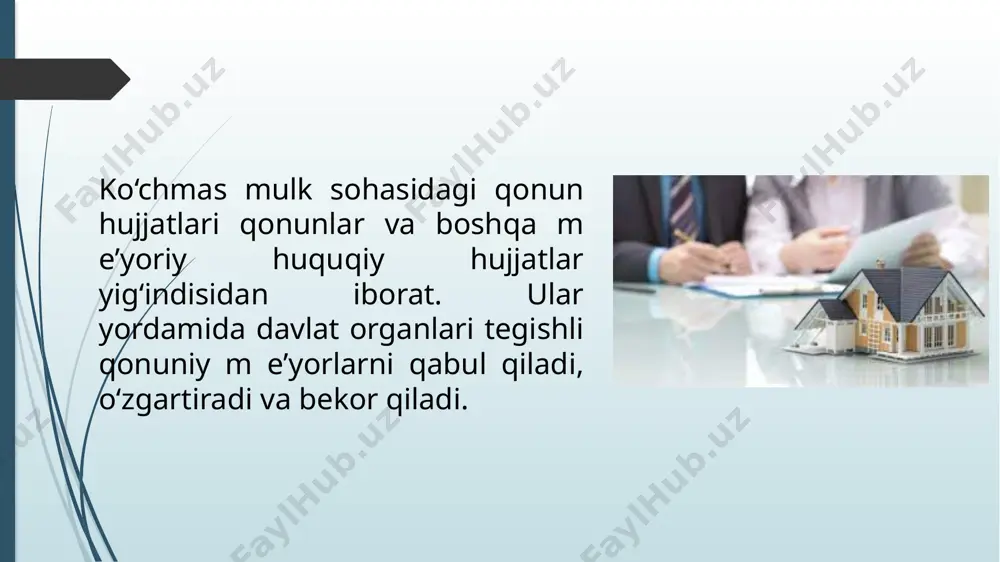 dalanish huquqini talab qilgan har bir shaxs buzishi mumkin, kreditorning kredit shartnomasi bo'yicha huquqi esa faqat qarzdor tomonidan buzilishi mumkin. mulk huquqi asosiy real huquq sifatida passiv sub'ektlar irodasidan mustaqil ravishda vujudga keladi ( majburiyatlar huquqi passiv sub'ektlarning irodasisiz vujudga kelishi mumkin emas). mulk huquqining belgilari - vorislik huquqi. mulk huquqi boshqa shaxsga (huquqiy vorisga) o'tgan taqdirda, ushbu huquqning og'irligi ham o'tadi. 8 5) mulk huquqlari maxsus himoya usullari bilan himoya qilinadi . 2) narsalarning ma'lum sub'ektlarga tegishliligini rasmiylashtiradi. 3) har qanday mulk huquqining obyekti alohida belgilangan narsadir. 4) mulk huquqi egalari o'zlarining iqtisodiy hukmronligi doirasidagi narsaga bevosita ta'sir ko'rsatish orqali o'z manfaatlarini qondirishadi. biroq, turli mulkiy huquqlar sub'ektlarining vakolatlari majmui juda xilma-xil bo'lishi mumkin. bunda ular narsa va boshqa predmetlarni bir sub'ektdan ikkinchisiga o'tkazishni rasmiylashtiruvchi majburiyat huquqlaridan farq qiladi; mutlaqlik degani, ya'ni. birida vakolatli shaxs - mulk huquqi egasi - majburiy shaxslarning noaniq doirasi tomonidan qarshilik ko'rsatiladi. ikkinchisining burchi …