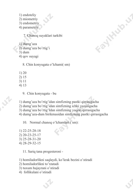 hayz bo’yicha aniqlashda … 1) oxirgi xayzning birinchi kuniga 8 oy qo’shiladi 2) 3 oy oyrilib va 7 kun qo’shiladi 3) 4 oy ayiriladi 4) 9 oy qo’shiladi 18. birinchi tug’uvchilarda homilaning birinchi qimirlashi 1) 18-hafta 2) 20-hafta 3) 22-hafta 4) 16-hafta 19. leopold usulida 3-holatda nima aniqlanadi 1) homila holati 2) homila joylashuvi 3) homilaning oldinda keluvchi qismi 4) homila yurak urishi 20. qaysi tibbiy muassasalarda maxsus akusherlik yordami ko’rsatiladi 1) oilaviy shifoxonalardagi tug’ruq bo’limlarida 2) markaziy oilaviy shifoxonalarning tumanlararo bo’limlarida 3) oilaviy shifoatxonalardagi tug’ruq bo’limlarida 4) perinatal markazlarda 21. tuf’ruq kompleksiga qaysi bo’lim kirmaydi 1) tug’ruq bo’limi №1, tug’ruq bo’limi №2 2) poliklinikadan keying bo’lim 3) chaqaloqlar reanimasiyasi bo’limi 4) ginekologiya reanimatsiya 22. onalar va perinatal o’lim ko’rsatkichlarini hisoblashga kirmaydi 1) onalar o’limi – bu vafot etgan tug’gan ayollarning 100000 o’lik tug’lgan chaqaloqlarga nisbati 2) 100000 tirik tug’lganlarning absolyut soniga nisbati 3) perinatal o’lim – tug’ruqga bog’liq o’lim …