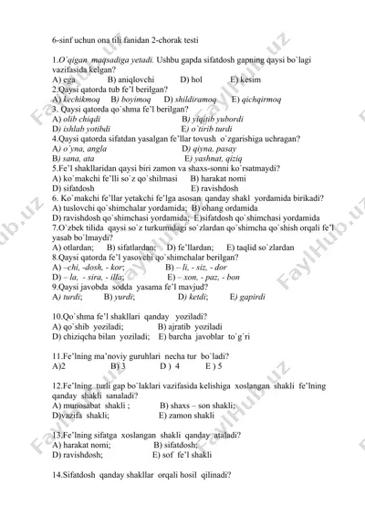 6-sinf uchun ona tili fanidan 2-chorak testi — DOC