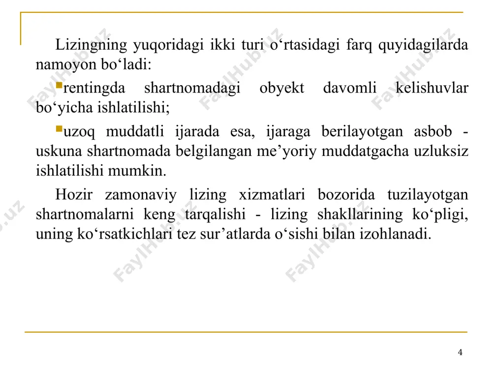 di. lizingning bu shakli qimmat. chunki, lizing beruvchi asbob-uskunani yetkazib berish bilan birga ta’mirlash, sug‘urtalash, ba’zi vaqtlarda ishlab chiqarishni boshqarish yoki yoqilg‘i bilan ta’minlash kabi ishlarni ham amalga oshiradi. odatda, lizingni bu turi yangi asbob-uskunalarni, xususan, kompyuterlar, samolyotlar va boshqa murakkab mashina hamda mexanizmlarga nisbatan qo‘llaniladi. * to‘la xizmatli lizing. bu lizing “yaxlit” lizingga o‘xshab ketadi, biroq, shartnomada bir qancha qo‘shimcha xizmatlar ko‘rsatishi ko‘rib chiqiladi. masalan, lizing beruvchi asbob-uskunani sotib olish masalalarini o‘rganadi. bu asbob-uskunani ishlatish uchun zarur bo‘lgan xom-ashyo materiallari bilan ta’minlaydi. shu bilan birga, asbob-uskunadan foydalanish uchun malakali mutaxassislar yollab beradi va boshqa bir qator xizmatlar ko‘rsatadi. asbob-uskunani qoldiq qiymati lizingi. lizingning bu shakli oldindan foydalanilgan asbob-uskunalarni ijarasi bilan bog‘liq va u dilerlar (savdo agentlari) tomonidan keng foydalaniladi. lizingning mazkur turi, odatda, 1 yildan 3-4 yilgacha bo‘lgan muddatni o‘z ichiga oladi. xalqaro lizing xizmatlarining jahon bozori — ikkinchi jahon urushi davridan keyin quyidagi omillarni hisobga olgan holda keng …