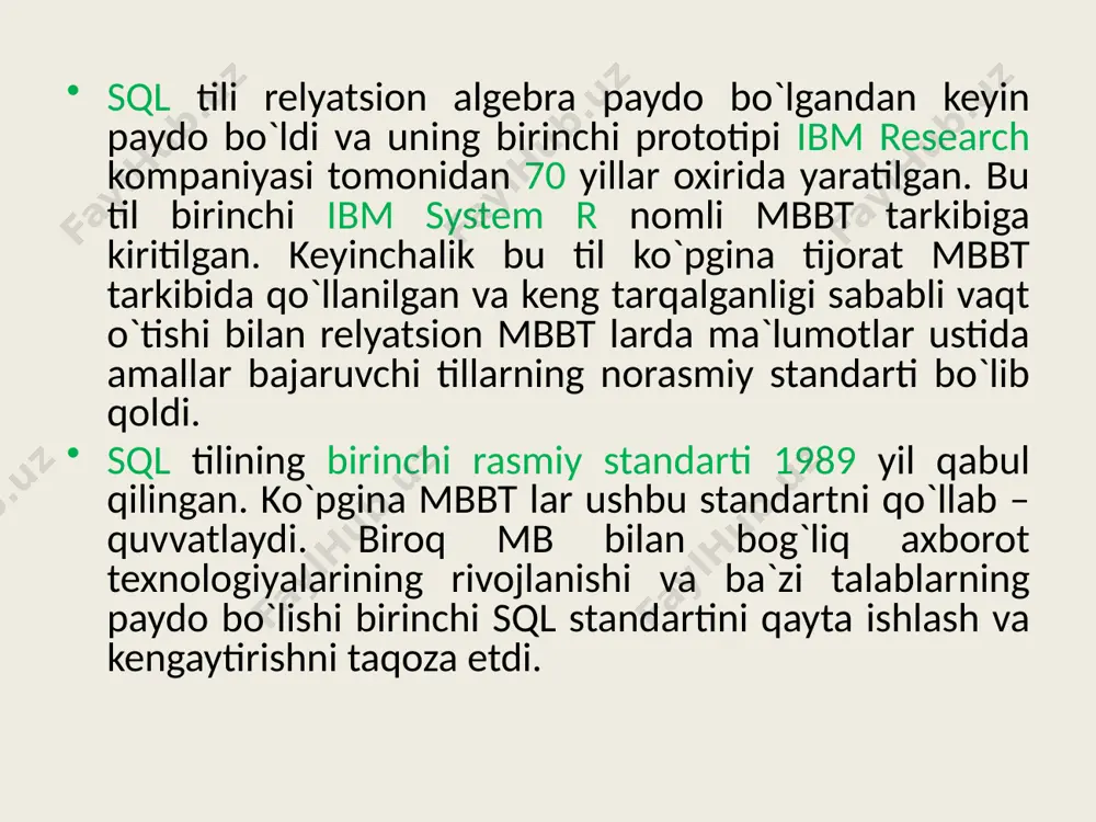 tlarini chegaralab qo`yish mumkin. bu orqali ruxsat berilmagan foydalanuvchilardan axborotlar himoyalanadi. 5. ma`lumotlardan birgalikda foydalanish. sql ma`lumotlardan birgalikda foydalanishni koordinatsiya qiladi, bu esa paralel ishlayotgan foydalanuvchilar bir-birlariga xalaqit bermasdan mb dagi ma`lumotlardan foydalanishlari imkonini beradi. 6. ma`lumotlar yaxlitligini ta`minlash. sql mb ni yaxlitligini ta`minlashga imkon beradi va unda noo`rin o`zgartirishlar qilishni oldini oladi. sql tilining vazifasi. sql tili foydalanuvchining relyatsion mb bilan muloqat qilishi uchun mo`ljallangan bo`lib, u quyidagi 3 ta qismdan iborat: ddl (data definition language) – ma`lumotlarni aniqlash tili. mb ni (jadvallarini, indekslarini va h.k.) yaratish va uning sxemasini tahrirlash uchun mo`ljallangan. dcl (data control language) – ma`lumotlarni boshqarish tili. foydalanuvchilarning mb ob`ektlariga murojaatini chegaralash operatorlaridan iborat. dml (data manipulation language) – ma`lumotlarni qayta ishlash tili. mb jadvallariga o`zgartirishlar kiritish uchun mo`ljallangan. sql turlari yoki rejimlari hisoblash jarayonini boshqarish uchun sql tili ikki usulda qo`llanilishi mumkin. birinchi usulda interaktiv ishlash nazarda tutiladi. bunda foydalanuvchi sql operatorlarini terminaldan beradi. …