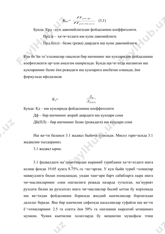 =ти ё`=отишларининг базис даврга нисбатан кыпайганлигини билдиради. 2. иш кунлари сонидан фойдаланиш коеффитсенти (3.2 формула) кд= embed equation.3 = = 0.913 коеффитсентларнинг 1 дан пац былиши ха=и=атда кун быйи иш ва=ти ё`=отишларининг базис даврга нисбатан кыпайганлигини билдиради. 3. жорий ва базис даврларидан иш ва=ти ё`=отишлари =уйидагиларга тенг пф= ×100= 28.5% пф= ×100= 15.5% 3.3 ва 3.4 формулаларга кыра реал иш ва=тидан фойдаланиш коеффитсенти =уйидагига тенг былади. крф = = =0.846 крф = = =0.846 крф коеффитсентининг бирдан пацлиги иш ва=тидан етарлича самарали фойдаланилмаётганлигидан далолат беради. смена ичидаги ва кун быйи иш ва=ти ё`=отишлари мавжудлигини кырсатади ва иш ва=тидан фойдаланиш быйича таркибий янгилиланишлар киритишни талаб этади. 3.2. иш ва=тидан фойдаланишда мещнат омиллари та’сирининг тащлили. корхонада мещнатдан фойдаланиш самарадорлигини бащолаш киши-кун ёки киши-соатдаги реал иш ва=ти фондини тащлил этиш ор=али амалга оширилади. реал иш ва=ти фонди катталиги уч омилга бо\ли=: ишчилар сони иш кунлари сони иш кунлари давомийлиги мисол учун корхонада ишчилар …