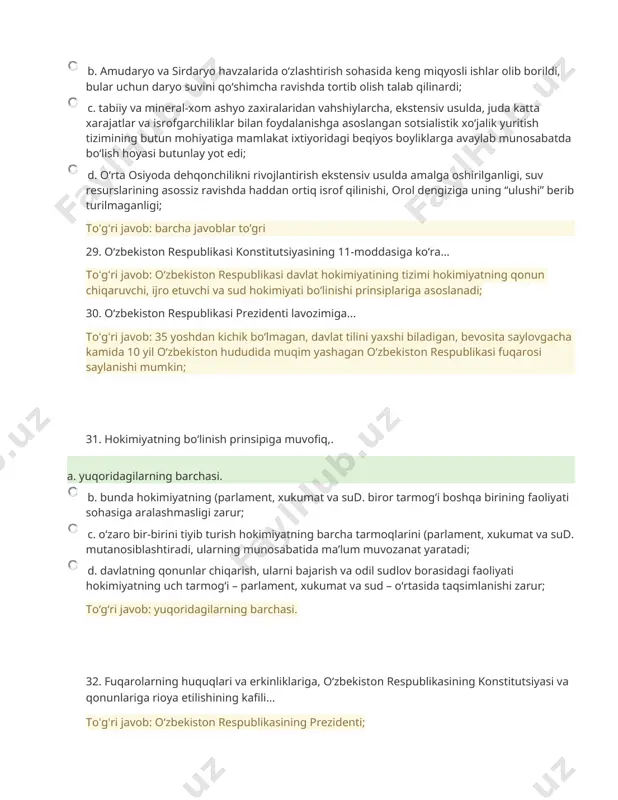 di, ko‘pgina o‘simlik turlari, qushlar va hayvonlar qirilib ketdi, mintaqada iqlim sharoiti o‘zgardi, suv tarkibi yomonladi, erlarning kuchli sho‘rlanishi tarixiy-madaniy zarar etkazdi; 22. o‘zbekiston respublikasi konstitutsiyasining strukturasini aniqlang toʻgʻri javob: muqaddima, 6 bo‘lim, 26 bob, 128 modda; 23. qayta qurishning birinchi boqichida (1985-1986 yillar) kun tartibiga qo‘yilgan vazifalarni aniqlang toʻgʻri javob: ilmiy-texnika taraqqiyoti yutuqlarini ishlab chiqarishga jalb etish asosida jamiyatda tub iqtisodiy taraqqiyotni jadallashtirish va uning asnosida inson omilini faollashtirish; 24. nima uchun xalqni, millatni tarix bilan qurollantirish zarur? bundan ko‘zlangan maqsad nimadan iborat? toʻgʻri javob: o‘z tarixini bilgan, undan quvvat oladigan xalqni, millatni engib bo‘lmaydi, shunday ekan, xalqni, millatni ana shu tarix bilan qurollantirish zarur; 25. “o‘zbekiston respublikasining davlat bayrog‘i to‘g‘risida”gi qonun qachon qabul qilindi, bayroqdagi yarim oy va 12 ta yulduz nimaning ifodasi va timsoli? toʻgʻri javob: o‘zbekiston respublikasi oliy kengashining 1991 yil 18 noyabrda bo‘lib o‘tgan viii sessiyasida qabul qilindi. yarim oy va yulduzlar musaffo osmon va …