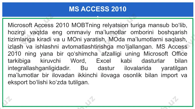malga oshirish mumkin. поля – maydon turlari, xossalarini o‘zgartirish, jadval formatlarini tahrirlash, matematik funksiyalardan foydalanish mumkin. таблица – makroslar yaratish, jadvllarni o‘zaro bog‘lash, xossa-larini o‘rnatish mumkin. ms access 2010 ning asosiy elementlari quyidagilar:  таблицы – ma’lumotlarni saqlash uchun xizmat qiladi;  запросы – ma’lumotlarni tanlash shartlarini berishni ularga o‘zgartirishlar kiritish uchun xizmat qiladi;  формы – ma’lumotlarni ko‘rish va tahrirlash uchun xizmat qiladi;  страницы – html (gipermatn) formatidagi fayllar, ular ms access 2010 da ma’lumotlarini internet explorer brouzeri yordamida ko‘rish uchun ishlatiladi;  отчеты – ma’lumotlarni umumlashtirish va chop qilish imkonini beradi;  макрос – bir yoki bir qancha amallarni avtomatik ravishda bajaradi. ms access 2010 da maydonlar ma’lumotlarni mantiqiy tashkil etishning elementar birligi hisoblanadi. yodda saqlang ! ms access 2010 ning fayllar “.accdb” kengaytmaga ega. image1.png image2.jpeg