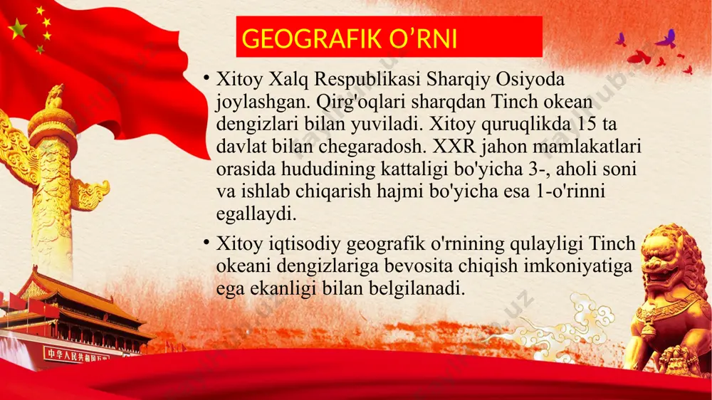 rinda turadi. sanoati xitoyda sanoatning barcha tarmoqlari yuqori darajada rivojlangan bo'lib, sanoat mahsulotlarining ko'plab turlarini ishlab chiqarish bo'yicha jahonda birinchi yoki ikkinchi o'rinlarda turadi. jumladan, ko'mirni qazib olish, elektr energiyasini ishlab chiqarish, po'lat, cho'yan, alyuminiy, rux, kobalt, oltin hamda boshqa qora va rangli metallarni eritish, yog'och tayyorlash, avtomobil, kema, turli elektronika mahsulotlari, mineral o'g'itlar, sement, qog'oz, gazlamalar, kiyim-kechak, poyabzal mahsulotlarini ishlab chiqarishda xxr jahonda birinchi o'rinni egallaydi. qishloq xo'jaligi xitoy qishloq xo'jaligining asosi dehqonchilikdir. jami ekin maydonlarining asosiy qismi donli ekinlar, ayniqsa, sholi bilan band. xitoy jahon mamlakatlari orasida bug'doy, sholi, kartoshka, sabzavot, meva, poliz mahsulotlari, uzum, choy, tamakining yalpi hosili, qo'y, echki, cho'chqa, parranda soni, go'sht, jun, tuxum, asal tayyorlash, baliq ovlash hajmi bo'yicha birinchi o'rinni egallaydi. image1.jpg image2.jpeg image3.jpg image4.jpg image5.jpg image6.jpeg image7.jpg image8.jpg image9.jpg image10.jpg image11.jpg image12.jpg image13.jpg image14.jpg image15.jpg image16.jpg image17.jpg image18.jpg image19.jpg image20.jpeg image21.png image22.jpg image23.jpg image24.jpg image25.jpeg /docprops/thumbnail.jpeg