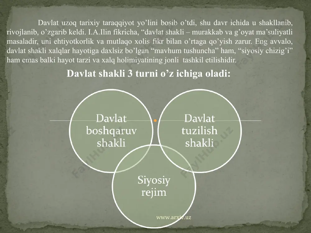 chiqaruvchi, ijro etuvchi va sud hokimiyati federatsiya va subyektlar miqiyosida ikki pog’onali bo’ladi; ikki fuqarolik mavjud bo’lib, u har bir fuqaroning bir vaqtda ham federativ davlat fuqarosi, ham federatsiya subyekti fuqarosi ekanligini bildiradi; federatsiyaning oliy qonun chiqaruvchi idorasi ikki palatali tuzilishga ega; markaziy hukmatga bo’ysunuvchi yagona qurolli kuchlar, politsiya, xavfsizlik xizmati, bojxona tizimi mavjud bo’ladi; federatsiyaning subyektlari – o’z konstitutsiyasiga , o’z ramzlariga ega bo’ladi www.arxiv.uz www.arxiv.uz konfederatsiya: bir necha davlatlarning ayrim muhim sohalar, ya’ni iqtisodiy, siyosiy, mudofaa masalalari bo’yicha tuzgan ittifoqdir. konfederatsiyada yagona davlat hududi, yagona fuqarolik bo’lmaydi. konfederatsiya bu to’la mustaqil davlatlarning ayrim sohalar bo’yicha tuzadigan ko’ngilli ittifoqidir. hozirgi vaqtda yevropaning 15ta davlatini birlashtirgan yevropa ittifoqi davlatlarining hamdo’stligi konfederatsiyasi mavjud. www.arxiv.uz www.arxiv.uz davlat hokimiyati va boshqaruvi idoralarining tashkil etilishi tartibi, ularning o’zaro hamda aholi bilan aloqadorligidir. davlat boshqaruv shakli insoniyatni qadimdan qiziqtirib kelgan. olimlar o’z izlanishlarida davlat shakllaridagi eng muhim jihatni ajratib olib, ularni tasvirlab berish, tahlil yetish, …