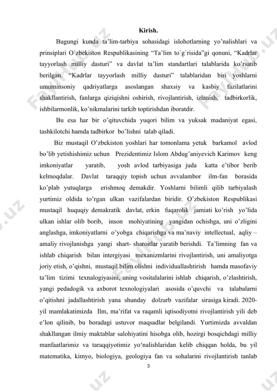chun mustahkam poydevor yaratish borasidagi dolzarb vazifalarga toʻxtalib oʻtdi. yoshlarda matematika faniga qiziqishni kuchaytirish, iqtidorli bolalarni seleksiya qilib, ixtisoslashtirilgan maktablar va keyinchalik oliy taʼlim muassasalariga qamrab olish ishlarini toʻgʻri tashkil qilish kerakligi taʼkidlandi. bolalar uchun mazkur fandan oddiy va tushunarli tilda yozilgan ommabop darslik va oʻquv qoʻllanmalari yaratish, matematik ongni, kerak boʻlsa, bogʻchadan boshlab shakllantirish vazifasi qoʻyildi. - matematika hamma aniq fanlarga asos. bu fanni yaxshi bilgan bola aqlli, keng tafakkurli boʻlib oʻsadi, istalgan sohada muvaffaqiyatli ishlab ketadi, - dedi prezident. ta’lim tizimidagi kamchiliklar, shu jumladan, matematika fanidan ham o’qitish uslubiyatini chetlab o’tmaydi. har bitta fanga alohida e’tibor berish, har bir mavzuni o’qitishda ma’suliyatli bo’lish o’qituvchi, professor, dosent va akademiklarning eng oliy maqsadi hisoblanadi. bizga ma’lumki matematika fani juda qiziqarli va shu bilan birga murakkab fan bo’lib ham hisoblanadi. ma’lumki, matematika fizik tenglamalar fani nima uchun kerak, nima maqsadlarda foydalaniladi, uning yechimlari qanday topiladi kabi masalalar qaraladi. shu o’rinda bu …