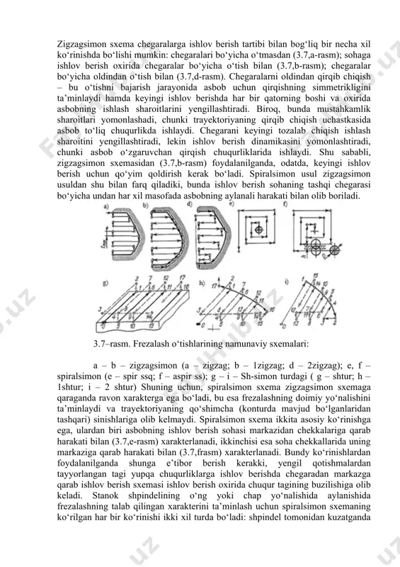 hamli – bir aloqali va ko‘p aloqali sohalar murakkab yuzalarga ishlov berishda bo‘ladi. bu sohalar har xil turdagi: ochiq, yopiq, yarim ochiq zonalarning ixtiyoriy kombinatsiyasi bilan aniqlanishi mumkin. geometrik hisoblarning va texnologik loyihalashning o‘ziga xosligini inobatga olganda, ikki o‘lchamli sohalar asosiy ikkita sinfga bo‘linadi: asbob o‘qiga perpendikulyar joylashgan tekisliklarda joylashgan sohalar va asbob o‘qiga perpendikulyar bo‘lmagan egri chiziqli yuzalar va tekisliklardagi sohalar. birinchi sinfdagi sohalar uchun 2,5 koordinatali frezalash qo‘llaniladi, ikki o‘lchamli sohalarga ishlov berish esa faqatgina uch yoki besh koordinatali frezalashda mumkin bo‘ladi. 2,5 koordinatali ishlov berish geometrik va texnologik munosabatlarda ham oddiyroq hisoblanadi. frezaning namunaviy trayektoriyalari. frezalab ishlov berishda freza trayektoriyasini hosil qilishning asosan ikki xil usuli mavjud: zigzagsimon va speralsimon. zigzagsimon usul asbobning ishlov berish jarayonida parallel qatorlar bo‘yicha soha chegarasida bir qatordan ikkinchi qatorga o‘tish bilan, qarama-qarshi yo‘nalishlarda harakatlanishi bilan xarakterlanadi. bu usul ma’lum kamchiliklarga ega bo‘lishiga qaramasdan keng tarqalgan. uning asosiy kamchiligi – frezalashning o‘zgaruvchan …