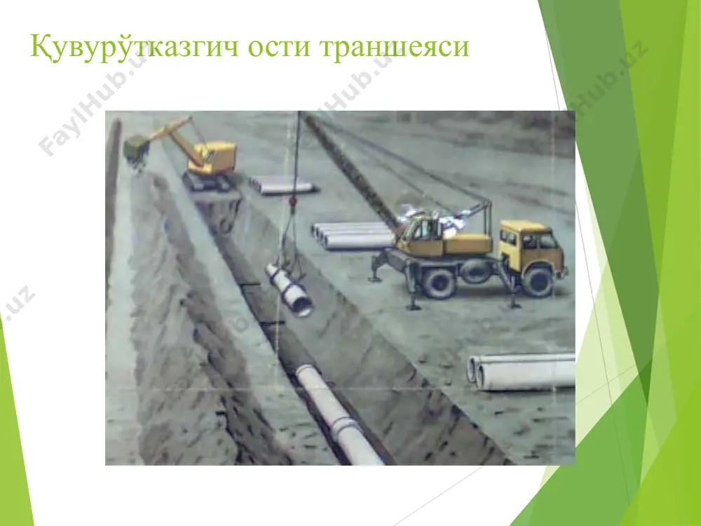 ванда қайрилиб ўтирмаслиги учун транспортнинг кириб чиқиши халқали усулда ташкил этилса, мақсадга мувофиқ бўлади. кенг чуқурлар ён томонга қазиб ўтиш йўли билан қазилади. бундай забойда транспорт воситаларининг ҳаракатланиш ҳамда уларга юк ортиш шарт-шароитлари яхшиланади. агар транспорт бирлиги кузовининг геометрик маркази тупроқ ташиладиган йўлнинг ўқида жойлашган бўлса, чўмич юкни кузовнинг марказига ташлаган тақдирда экскаватор бурилишининг ўртача бурчаги  90 дан ошмайди. драглайни чўмичли экскаваторлар билан ишларни бажариш драглайн катта ҳартум ҳамда эгилувчан илгакка осилган чўмич билан жиҳозланади. ундан қазиб олинган грунтни нафақат транспортга юклаш, балки бир томонлама ёки икки томонлама уюмларга тўқиш йўли билан анча чуқур хандаклар ва траншеялар қазиш учун фойдаланилади. драглайн воситасида рўпарадан ён томонга ва ён томонга қараб қазиб ўтиш йўли билан забойлар қазилади. забойнинг оптимал чуқурлиги (драглай чўмичи тортилганда унинг тўлиш шартига кўра) ҳартум узунлигининг 0,15 ...0,2 ни ташкил этади. қуруқ грунтли кенг котлованларда транспортга ишлаш чоғида грунтни қазиб олишнинг мокисимон усулларидан фойдаланилади. бунда ағдарма машиналар қазилмага …