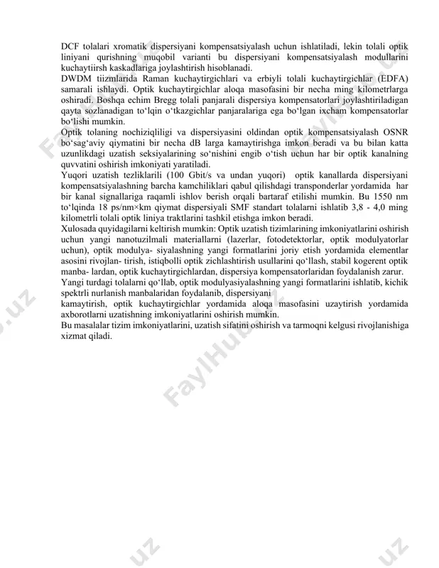 to‘lqin uzunligi bo‘yicha multiplekslashda hozirda qabul qilingan chastota to‘rini (50 hz) o‘zgartirmasdan, ma’lumotlarni uzatish tezligini oshirishga imkon beradi. kogerent detektorlashga kanallarni spektral va polyarizatsion zichlashtirish, shuningdek spektral samarali modulyasiyalash formatlari, xususan dp-qpsk (dual polarization – quater phase shift keying - dual polarizatsiya - to'rtburchak fazali modulyatsiya) formatidan foydalanish bilan uzatiladigan ma’lumotlar hajmini oshirishga imkon beradi. dp- qpsk formatidagi bitta simvol 4 bitni tashiydi. dp-qpsk formatda polarizatsion multiplekslash amalga oshiriladi. o‘z navbatida, ikkala ortogonal polarizatsiyalangan qpsk signallarining har birini π/2 burchakka fazali siljigan ikkita ikkilik fazali bpsk signallarining kombinatsiyasi sifatida ifodalash mumkin. tezliklardagi yutuqlarga bunday formatlarning katta ma’lumotlar sig‘imi hisobiga erishiladi: dp-qpsk formatidagi bitta simvol 4 bitni, dp-256qam formatidagi bitta simvol esa 16 bitni tashiydi. ko‘p pozitsiyali modulyasiyalash formatlariga ega bo‘lgan yuqori tezlikli optik signallarni shakllantirish optik kanallarning masofasini cheklaydi. optik tolada signallarni uzatish bo‘yicha nochiziqli cheklashlarni engib o‘tish yig‘indi maksimal quvvat sathi, ruxsat etiladigan dispersiya va kanallararo interval balanslariga bog‘liq. …