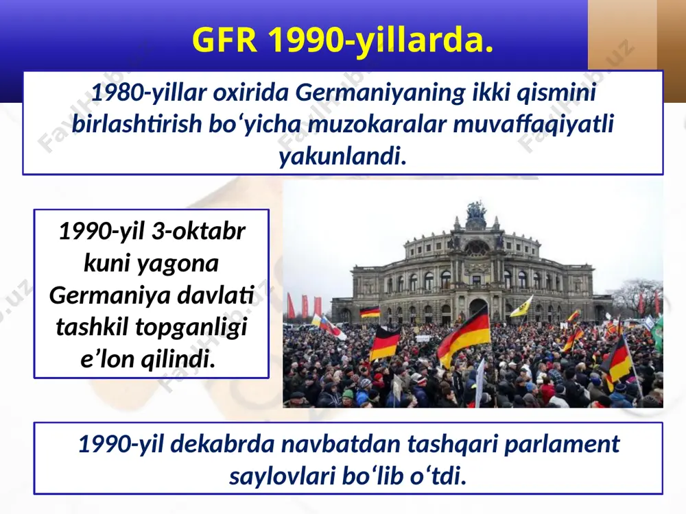 qaramasdan, 2015-yil may oyida yevropani fashizmdan ozod qilganlarni xotirlash uchun a. merkel moskvaga keldi. bu jarayonlar a. merkel va u boshchilik qilayotgan xdi partiyasi obro‘yining pasayishiga olib keldi. gfr tarkibiga kirgan yerlarda o‘tkazilgan mahalliy saylovlarda bu aniq namoyon bo‘lmoqda. 2017-yil sentabrda bo‘lib o‘tgan parlament saylovlarida a. merkel boshchiligidagi koalitsiya 33% ovoz oldi. shunga qaramasdan, zamonaviy germaniyaning ijtimoiy va madaniy muvaffaqiyatlari ancha katta. savol va topshiriqlar 1. gerxard shryoder hukumati iqtisodda va ijtimoiy sohada qanday chuqur islohotlar o‘tkazdi? 2. «merkel davri» mamlakat tarixida qanday o‘rin tutadi? 3. germaniyada a. merkel davrining tashqi siyosati haqida nimalar bilasiz? 4. zamonaviy germaniyada bugun qanday muammolar mavjud? image2.jpg image3.png image4.jpg image5.jpeg image6.jpeg image7.jpeg image8.emf image9.jpeg image10.jpeg image11.jpeg image12.jpeg image13.jpeg image14.jpeg image15.jpeg image16.jpeg image1.jpg