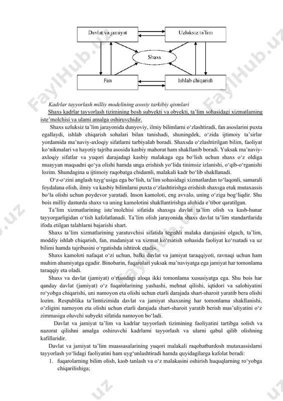 ning tahlili va ta’lim tizimidagi, jahon miqyosidagi yutuqlar asosida tayyorlangan hamda yuksak umumiy va kasb-hunar madaniyatiga, ijodiy va ijtimoiy faollikka, ijtimoiy-siyosiy hayotda mustaqil ravishda mo‘ljalni to‘g‘ri ola bilish mahoratiga ega bo‘lgan, istiqbol vazifalarini ilgari surish va hal etishga qodir kadrlarning yangi avlodini shakllantirishga yo‘naltirilgandir. «kadrlar tayyorlash milliy dasturi»ning maqsadi - ta’lim sohasini tubdan isloh qilish, uni o‘tmishdan qolgan mafkuraviy qarash va sarqitlardan to‘la xalos etish, rivojlangan demokratik davlatlar darajasida, yuksak ma’naviy va axloqiy talablarga javob beruvchi yuqori malakali kadrlar tayyorlash milliy tizimini yaratishdan iboratdir. “ta’lim-insonlarga yaxshiroq hayot tarzi va mavqe imkoniyatlarini beradi. odamlarning bo‘sh vaqtlarini mazmunli o‘tkazishlariga yordam beradi. odamlarga o‘zlari va dunyoni tushunishdagi bilimini oshiradi. odamlardagi bag‘rikenglikni shakllantiradi. yoshlarning hayotga va dunyoga bo‘lgan qarashini shakllantirishga yordam beradi. millatni rivojlantirishga yordam beradi”[footnoteref:1]-deydi amerikalik pedagog olim a.muur. [1: aleks muur. ta’lim berish va ta’lim olish: pedagogika, ta’lim dasturi va tarbiya. rutledj. ikkinchi nashr. 2012. 35-bet] «kadrlar tayyorlash milliy dasturi»da ilgari surilgan …