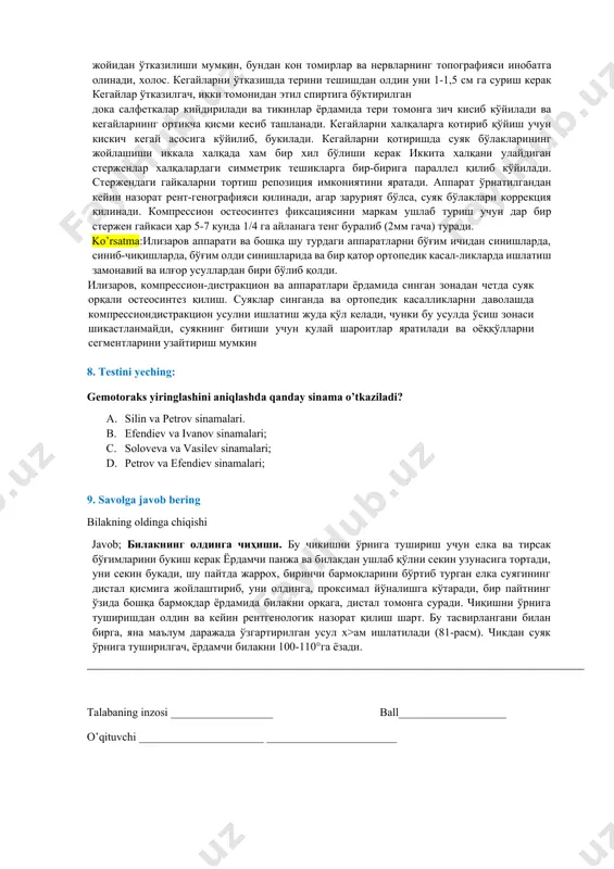 si. илизаровнинг компрессион-дистракцион аппарата иккита ва бундан ортиқ ҳалқалардан ва яна 2-3 та тортувчи стерженлардан иборат бўлиб, икки томонида гайка бураладиган резбаси бор, унга гайка ва контргайка буралади. аппаратни стерилизация кшшш кайнатиш билан таъминланади. суяклардан хочсимон ўтказиладиган кегайлар найсимон суякларнинг исталган жойидан ўтказилиши мумкин, бундан кон томирлар ва нервларнинг топографияси инобатга олинади, холос. кегайларни ўтказишда терини тешишдан олдин уни 1-1,5 см га суриш керак кегайлар ўтказилгач, икки томонидан этил спиртига бўктирилган дока салфеткалар кийдирилади ва тикинлар ёрдамида тери томонга зич кисиб кўйилади ва кегайларнинг ортикча қисми кесиб ташланади. кегайларни халқаларга қотириб қўйиш учун кискич кегай асосига кўйилиб, букилади. кегайларни қотиришда суяк бўлакларининг жойлашиши иккала халқада хам бир хил бўлиши керак иккита халқани улайдиган стерженлар халқалардаги симметрик тешикларга бир-бирига параллел қилиб кўйилади. стержендаги гайкаларни тортиш репозиция имкониятини яратади. аппарат ўрнатилгандан кейин назорат рент-генографияси қилинади, агар зарурият бўлса, суяк бўлаклари коррекция қилинади. компрессион остеосинтез фиксациясини маркам ушлаб туриш учун дар бир стержен …