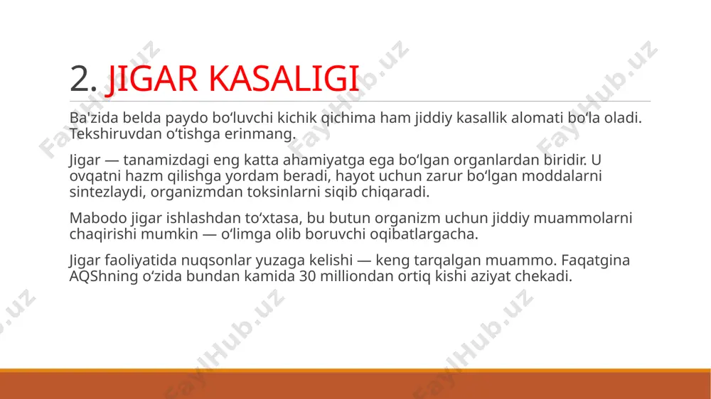 g’ich qismining endodermal epiteliysidan rivojlanadi. jigar kurtagi homila hayotining uchunchi haftasida o’rta ichak ventral devorida bortma shaklida paydo bo’lib, uni jigar harfaz deb ataladi. bu bortma dastlab umumiy bo’lib, so’ngra ikkiga yuqori va pastki bo’rtmalarga bo’linadi. yuqori bo’rtmadan jigar nayi va jigar bez to’qimasi paydo bo’lsa, pastki bo’rtmadan o’t pufagi rivojlanadi. umumiy o’t yo’li esa keyinchalik umumiy o’t yo’liga aylanadi. homila hayotining uchinchi oyigacha jigarning ikkala bo’lagi bir hil bo’ladi. uchunchi oyning ohirida uning o’ng bo’lagi kattalashib, dumli bo’lak taraqqiy eta boshlaydi. yangi tug’ilgan embrionning jigari kata va qonga to’lgan bo’lib, to’rt bo’lagi aniq ko’rinadi. u qorin bo’shlig’ining yuqori qismini egallab turadi. jigarning og’irligi o’rta hisobda 135 gr bo’lib, organism og’irligining 4–4.5 % ni tashkil etadi. jigarni qoplagan qorin parda yupqa boylamlari bo’sh bo’lgani uchun u harakatchan bo’ladi. chap bo’lagi o’ngiga teng bo’ladi yoki kata bo’ladi. chunki homila jigarning chap bo’lagiga kislorodga va ozuqaga boy qon keladi. embrion tug’ilgandan so’ng …