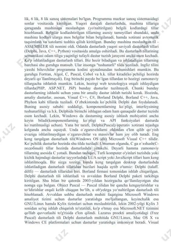tili va uning uchun dasturlash muhitdir. u basicdan ko`p tushunchalar oldi va tez rasmli interfeys bilan dasturlar taraqqiyot ta`minlaydi. oxirgi versiya 6.0 1998 yilda reliz kelishdi. microsoftdan voris visual basic .net 2002 yilda paydo bo`ldi. java dasturlash tili - eng yaxshi dasturlash tillaridan biri bo'lib unda korporativ darajadagi mahsulotlarni(dasturlarni) yaratish mumkin.bu dasturlash tili oak dasturlash tili asosida paydo bo'ldi. oak dasturlash tili 90-yillarning boshida sun microsystems tomonidan platformaga(operatsion tizimga) bog'liq bo'lmagan holda ishlovchi yangi avlod aqlli qurilmalarini yaratishni maqsad qilib harakat boshlagan edi. bunga erishish uchun sun hodimlari c++ ni ishlatishni rejalashtirdilar, lekin ba'zi sabablarga ko'ra bu fikridan voz kechishdi.oak muvofaqiyatsiz chiqdi va 1995-yilda sun uning nomini java ga almashtirdi, va uni www rivojlanishiga hizmat qilishi uchun ma'lum o'zgarishlar qilishdi. java obyektga yo'naltirilgan dasturlash(oop-object oriented programming) tili va u c++ ga ancha o'xshash.eng ko'p yo'l qo'yildigan xatolarga sabab bo'luvchi qismalari olib tashlanib, java dasturlash tili ancha soddalashtirildi. java kod yozilgan …