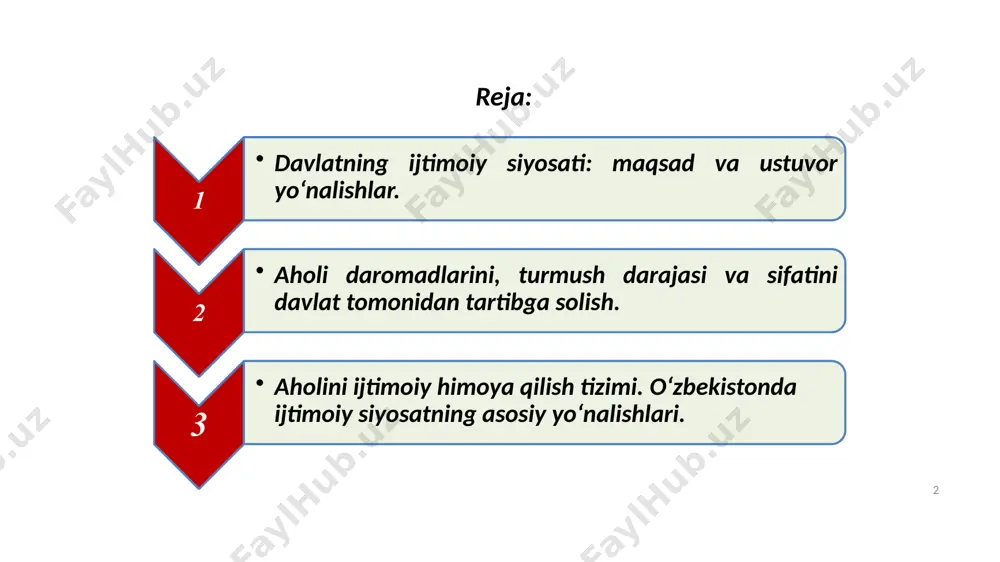 i: maqsad va ustuvor yo‘nalishlar daromadlar sohasidagi siyosat jismoniy tarbiya va sportni rivojlantirish sohasidagi siyosat mehnat sohasidagi siyosat madaniyat sohasidagi siyosat aholini takror ishlab chiqarish sohasidagi siyosat sogʼliqni saqlash va taʼlim sohasidagi siyosat ijtimoiy siyosatning asosiy elementlari tarkibi ijtimoiy siyosat maqsadlarining davrlarga boʻlinishi 1 .davlatning ijtimoiy siyosati: maqsad va ustuvor yo‘nalishlar qisqa muddatli (joriy) maqsadlar jamiyatning dastlabki pozitsiyalariga qarab shakllanadi uzoq muddatli (istiqbolli) iqtisodiy o‘sish bilan ijtimoiy-iqtisodiy barqarorlikning maqbul kombinatsiyasini izlash bilan belgilanadi. davlatning ijtimoiy soha rivojiga ta’sir ko‘rsatish usullari: aholini ijtimoiy himoya qilishni huquqiy jihatdan ta’minlash, tegishli qonun va huquqiy hujjatlarni qabul qilish; ijtimoiy sohani (ta’lim, fan, tibbiyot va boshqalarni) moliyalashtirish uchun turli darajadagi budjetlardan to‘g‘ridan to‘g‘ri davlat xarajatlari; ijtimoiy transfertlar; ijtimoiy va ekologik normativlar va standartlarga rioya etilishini belgilash va nazorat qilish; bandlik xizmati va mehnat birjalari tarmog‘ini tashkil etish; majburiy ijtimoiy sug‘urta va pensiya ta’minoti; kadrlarni tayyorlash va qayta tayyorlash hamda haq to‘lanadigan jamoat ishlarini tashkil etish. …