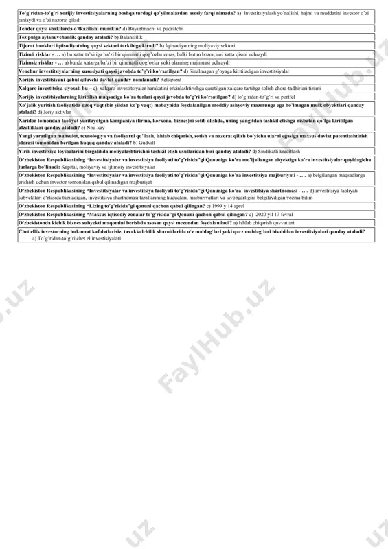 vestitsion loyihani moliyalashtirishning qarzga olingan manbasi bu? a) obligatsiya, budjetdan tashqari fondlardan olingan kreditlar, bank kreditlari investorlarning qarz mablag’lari bu - c) bank kreditlari investitsion nizolarni tartibga soluvchi xalqaro markaz qachon va nima maqsadda tashkil etilgan? a) 1966 yil, xorijiy investorlar va investitsiyalarni jalb etuvchi mamlakatlar o‘rtasida yuzaga kelgan nizolarni arbitraj ko‘rib chiqish islom taraqqiyot banki qachon va nima maqsadda tashkil etilgan? a) 1974 yil, islom diniga e’tiqod qiluvchi mamlakatlarning rivojlanish loyihalarini investitsiyalash investitsiya loyihasini amalga oshirishda kutilgan daromadlarni ololmaslik yoki zararlarni yuzaga kelish ehtimoli qanday ataladi? b) risk investitsiya muhitiga ta'sir qiluvchi iqtisodiy omil qaysi javobda to'g'ri ko'rsatilgan? c) ishchi kuchi qiymati investitsiya institutlari deganda nimani tushunasiz? a) investitsiya loyihalarini moliyalashtirish bilan shug’ullanuvchi tashkilotlar investitsiya faoliyatidan olingan daromadning kutilayotgan miqdoridan farqlanish ehtimolligi qanday risk hisoblanadi? c) investitsion risk icor ko’rsatkichi qanday aniqlanadi? d) md / i investitsiya loyihalari iqtisodiy samaradorligini baholashning oddiy usullari qaysi javobda to’g’ri ko’rsatilgan? c) rentabellik …