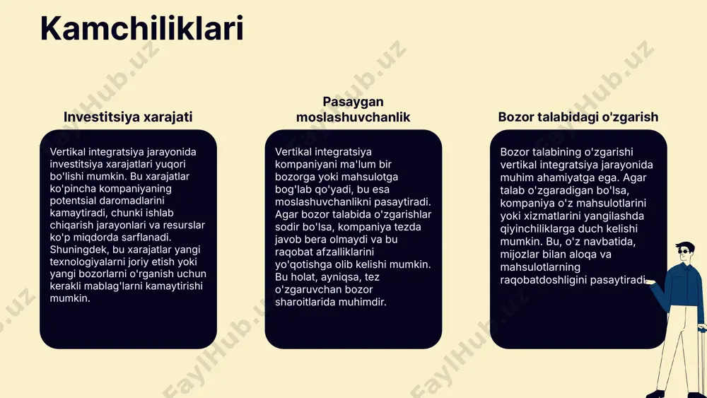 rishi mumkin. misol uchun, muvaffaqiyatli qaldirg'och integratsiyasi amalga oshirgan kompaniyalar o'zining raqobatbardoshligini yanada oshiradi va bozorni mustahkamlaydi. raqobatchilar uzoq muddatli strategiyalar doirasida qaldirg'och integratsiyasi kompaniyalarni bozor o'zgarishlariga tez moslashishga imkon beradi. bu esa o'z navbatida, raqobat muhitida barqaror o'rin egallash va o'sishni ta'minlaydi. qaldirg'och integratsiyasi: kelajakdagi tendensiyalar qaldirg'och integratsiyasining rivojlanishi zamonaviy bizneslar uchun muhimdir. bu integratsiya tarmoq ichidagi resurslarni yanada samarali ishlatishga yordam beradi. o'zbekistonda qaldirg'och integratsiyasini rivojlantiruvchi asosiy omillar qatoriga raqobatbardoshlik, texnologik innovatsiyalar va bozor talablariga moslashish kiradi. qaldirg'och integratsiyasi istiqbollari uchun yangi strategiyalar ishlab chiqish zarur. kelajakda, barqaror o'sish va raqobatni kuchaytirish uchun innovatsiyalar muhim ahamiyatga ega. photo by curated lifestyle on unsplash 1 2 3 himoya strategiyalarining turlari himoya strategiyalari, korxonalar uchun strategik qarorlar qabul qilishda muhim ahamiyatga ega. ular o'z-o'zini himoya qilish, tashqi himoya va qo'shimcha himoya strategiyalariga bo'linadi. o'z-o'zini himoya qilish strategiyalari, ichki resurslarni maksimal darajada ishlatishga qaratilgan bo'lib, ularning afzalliklari ichki nazorat va xarajatlarni …
