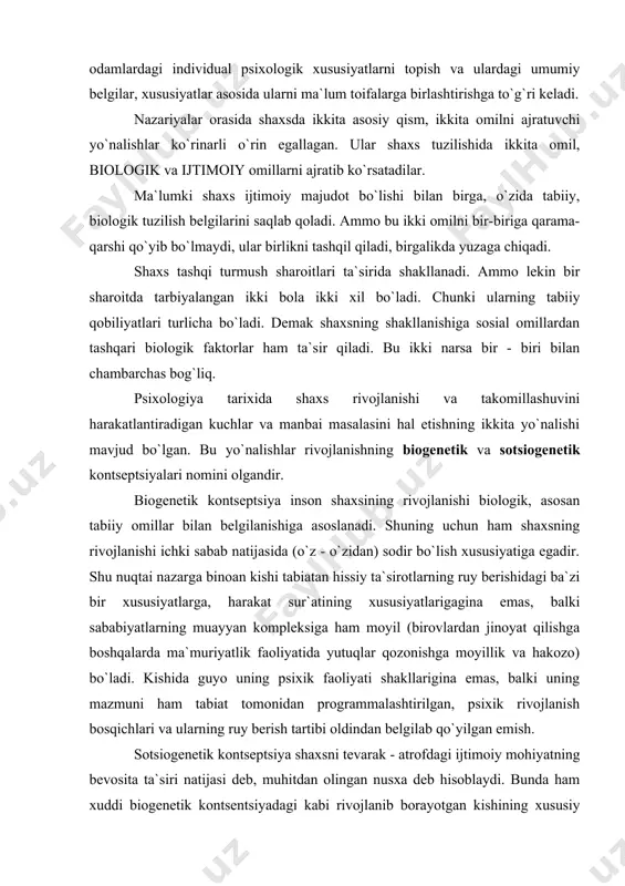 sababiyatlarning muayyan kompleksiga ham moyil (birovlardan jinoyat qilishga boshqalarda ma`muriyatlik faoliyatida yutuqlar qozonishga moyillik va hakozo) bo`ladi. kishida guyo uning psixik faoliyati shakllarigina emas, balki uning mazmuni ham tabiat tomonidan programmalashtirilgan, psixik rivojlanish bosqichlari va ularning ruy berish tartibi oldindan belgilab qo`yilgan emish. sotsiogenetik kontseptsiya shaxsni tevarak - atrofdagi ijtimoiy mohiyatning bevosita ta`siri natijasi deb, muhitdan olingan nusxa deb hisoblaydi. bunda ham xuddi biogenetik kontsentsiyadagi kabi rivojlanib borayotgan kishining xususiy faolligini inobatga olinmaydi, uning tevarak atrofdagi vaziyatga moslashayotgan mavjudotga xos sust rol o`ynashigina mumkin deb hisoblanadi. agar sotsiogenetik kontseptsiyaga amal qilinadigan bo`lsa, nima uchun ba`zi vaqtlarga bir xildagi ijtimoiy muhitlarda har xil odamlar etishib chiqishini tushuntirib bo`lmaydi. shaxsning rivojlanishining harakatlanuvchi kuchlari kishining faoliyatiga o`zgarib turuvchi ehtiyojlari bilan ularni qondirishning real imkoniyatlari o`rtasidagi ziddiyatlari bilan aniklanadi. ehtiyojlarni rivojlantirish, tanlash va tarbiyalash ularni hozirgi jamiyat kishisiga xos bo`lgan ma`naviy yuksaklik darajasiga olib chiqish kishi shaxsini shakllantirishning asosiy vazifalaridan biri hisoblanadi. shaxsning shakllanishi …