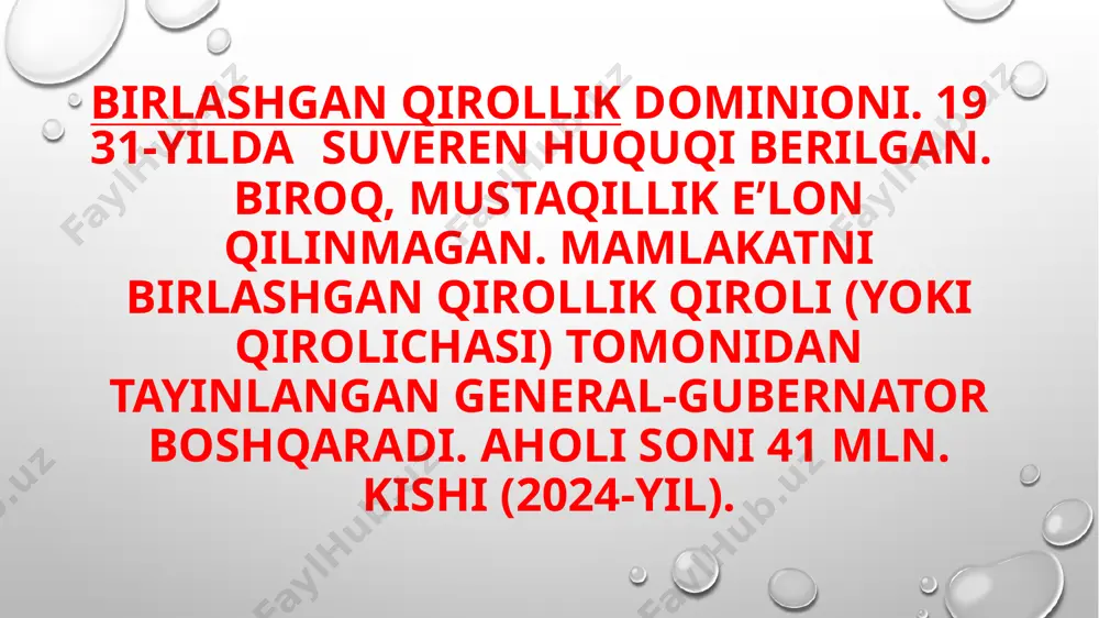 atlarda islohot tarafdorlari („vatanparvarlar“) partiyalari tuzildi. 1834-yil islohot tarafdorlari quyi va yuqori kanada parlamentlari faoliyatini nazorat ostiga oldi. 1841-yil yuqori kanada bilan quyi kanada birlashtirildi. 1848-yil kanada va yangi shotlandiyada yangi hukumat tuzildi. 19-asr oʻrtalarida kanadada temir yoʻllar qurildi, sanoat rivojlandi, 1867-yil buyuk britaniyaning shimoliy amerikadagi mustamlakalari birlashtirilib, „kanada dominioni“ nomi bilan federatsiya tuzildi. yangi shotlandiya, nyu-bransuik, shimoliy-gʻarbdagi hududlar, britaniya kolumbiyasi (1871) va prins-eduard oroli (1873) kanada dominioniga qoʻshib olindi. 19-asr oxiri va 20-asr boshlarida kanada iqtisodiyoti rivojlandi. ishlab chiqaruvchi sanoat tez oʻsib, uning mahsuloti qiymati 1914—18 yillarda 4 baravar oshdi, aholi soni 64 % koʻpaydi. kapital va ishlab chiqaruvchi sanoati yiriklashdi, 1900—17-yillarda banklar birlashishi natijasida ularning soni 36 dan 21 ga kamaydi; bank va sanoat kapitali qoʻshila bordi. birinchi jahon urushida kanada buyuk britaniya tomonida qatnashdi. e’tiboringiz uchun rahmat!! image2.png image3.png image4.jpeg image5.jpeg image6.jpeg image7.jpeg image8.jpeg image1.png /docprops/thumbnail.jpeg