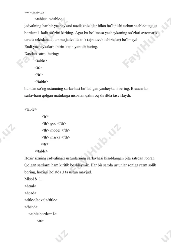 tegda) yoki bir yacheyka uchun ( tegda) berish mumkin. · align va valign kalit so`zlarining har biri uchun 3 ta mumkin bo`lgan ifodalari bor: · align=left matnni yacheykaning chap tarafi bo`yicha tekislaydi (jimlik) · align=center matnni yacheykaning markazi bo`ylab tekislaydi · align=right matnni yacheykaning o`ng tarafi bo`yicha tekislaydi · valign=top matnni yuqori qismi bo`yicha tekislaydi (agarda ma`lumot bir necha satrdan iborat bo`lganda foydalaniladi) · valign=middle matnni yacheykaning markazidan vertikal bo`ylab tekislaydi (jimlik holatida) · valign=bottom matnni yacheykaning past qirrasi bo`ylab tekislaydi. c. jadvaldagi ranglar so`ngi vaqtlargacha web sahifaning jadvaldagi ranglarni boshqarish imkoni mavjud emas edi. jadval turi qora rangda, fon esa sahifa foni rangi bilan mos tushar edi. biror bir yacheykaning rangini boshqasidan ajratish va har xil ranglardan foydalanish juda qiyin bo`lgan. xozirda fon va tur rangini berish mumkin bo`lgan yangi teglar qatori mavjud. birinchi holda bgcolor kalit so`zi tegida quyidagi ravishda qo`yiladi. endi esa jadval fonining rangi sariq bo`ladi. …