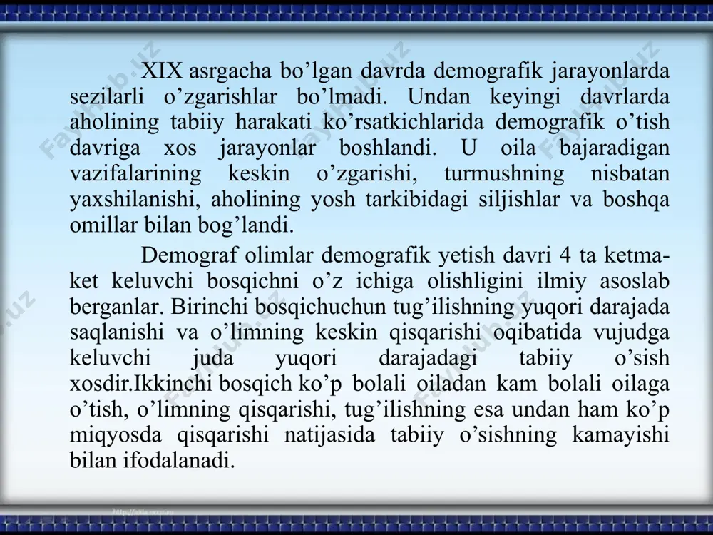 batan aholi soni 28 marotaba ko’p bo’lgan bo’lsa, bu ko’rsatkich 2004-yilda 26 martaga teng bo’ldi); ushbu mamlakatlarning asosiy qismi osiyoga (1985-yilda 11 ta, 2004-yilda 12 ta) to’g’ri keladi. yevropada 1985-yilda 6 ta, 2004-yilda 5 ta shunday mamlakat bo’lgan. bu ko’rsatkichlar amerika bo’yicha tegishli tarzda 3 va 3 ga, afrikada ham 3 va 3 ga tengdir. ikki yevrosiyo mamlakati: rossiya va turkiya alohida guruhga kiritilgan. dunyo va uning qit’alari, materiklari hamda ayrim regionlari bo’yicha aholi tabiiy harakatini ifodalovchi koeffitsientlar 6-jadvalda berilgan. dunyoda yuqori darajadagi tug’ilish koeffitsientlari afrika materigiga regionlar ichida afrikaning barcha hududlariga hamda markaziy amerika, janubiy va janubi- g’arbiy osiyo regionlariga, past darajadagi tug’ilish koeffitsientlari esa shimoliy amerika, sharqiy osiyo hamda avstraliya va okeaniyaga xosdir. o’lim koeffitsientining yuqori ko’rsatkichlari afrika va yevropada, markaziy va janubiy osiyo regionlarida kuzatilmoqda. tabiiy o’sish afrika, markaziy amerika, janubi-g’arbiy osiyo hamda markaziy va janubiy osiyoda yuqori koeffitsientlarga ega. ushbu ko’rsatkich yevropada nolga, rossiyada esa minus …