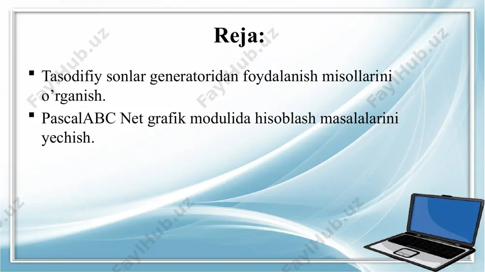 a to'g'ri burchakli uchburchak qurilishini tasvirlab beramiz . uchburchakni qurish protsedurasining parametrlari to'g'ri burchakli uchburchakning tepasining koordinatalari oyoqlarning burchagi va uzunligi. iv. o'zgaruvchi tavsifi: barcha o'zgaruvchilar integer tipidagi . 8 1-misol v. dastur: dan foydalanadi ; var n,x,y,a:integer; protsedura treug(x,y,a,b:integer); var x_c , y_c : integer ; boshlanishi chiziq (x,y,x+a,y); chiziq (x,y,x,y+b); chiziq (x+a,y,x,y+b); x _ c: = x+2; y _ c: = y+2; floodfill(x _ c,y _ c,clrandom); oxiri ; boshlanishi writeln(' miqdorni kiriting '); o'qish (n); writeln(n); writeln(' oyoq uzunligini kiriting' ) ; o'qish (a); writeln(a); for var i: = 1 to n do begin x: = tasodifiy (500);y: = tasodifiy (400); treug(x,y,a,a); oxiri ; oxiri vi. sinov 9 2- 10 ta qo'ziqorinni torting. ularning joylashuvi va o'lchamlari tasodifiy aniqlanadi. 2- vazifani bajarish bosqichlari i—ii. dasturning natijasi, dastlabki ma'lumotlardan mustaqil ravishda, 10 ta qo'ziqorinning tasviri bo'ladi. iii. muammoni hal qilish algoritmi. 1. biz bitta qo'ziqorinning qurilishini tasvirlaymiz yordamchi …
