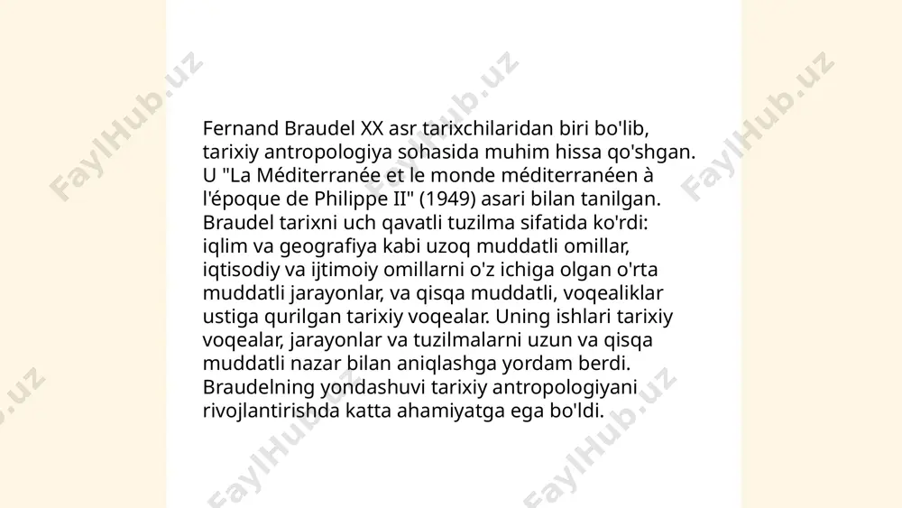 qtisodiy tarixni keng miqyosda tahlil qilish orqali tarixning yanada chuqurroq tushunilishiga hissa qo‘shgan. ... t.me/slaydai_bot "9. mentalitetlar tarixi" mavzusi insonlarning turli xulq-atvor va fikrlash usullari qanday shakllanganini o'rganadi. mentalitet tushunchasi odat, an'ana va turmush tarzini aks ettiruvchi dunyoqarashlarni o'z ichiga oladi. bu tarixiy jarayonlar madaniyat, dinga ta'sir ko'rsatib, jamiyatlarning rivojlanishida muhim rol o'ynaydi. darhaqiqat, 20-asrda fernand braudel kabi tarixchilarning ishlari bu sohani chuqurroq anglashga yordam berdi. mentalitetlarning shakllanishi uzluksiz jarayon bo'lib, geografik va madaniy omillardan o'zgarib boradi va har bir xalqning o'ziga xos milliy xarakteristikasini belgilaydi. ... t.me/slaydai_bot 10. annales maktabining manba ishlatish usullari 10. annales maktabi tarixni keng kontekstda o‘rganishga e’tibor qaratib, manbalarni turli yo‘nalishlarda ishlatishni taklif etadi. ushbu maktab yana ijtimoiy, iqtisodiy va madaniy jarayonlarni o‘rganishga alohida ahamiyat beradi. annales maktabi tarixiy tadqiqotlarda yodgorliklar, yozma hujjatlar, demografik ma’lumotlar kabi turli manbalar bilan ishlash usullarini ishlab chiqqan. ularning maqsadi tarixiy manbalarni faqat ketma-ket xronologik tartibda tahlil qilish emas, balki …