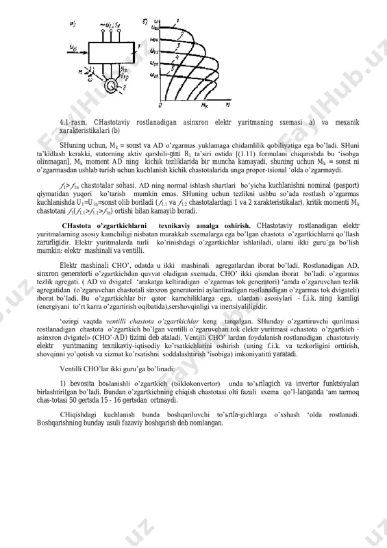 ’zgartkich - cho’), uning kirishiga tarmoqning sanoat chastotali 1=50 gts standart kuchlanishi u1 (220, 380 v va boshqalar) beriladi, chiqishidan esa rostlanadigan chastotali 1r o’zgaruvchan kuchlanish u1r olinadi.(4.1,a-rasm ). chastota va kuchlanish qiymatlari o’zaro (4.1)-(4.3) formulalar orqali aniqlanadigan ma’lum bir boьlanishda bo’ladi. chiqishdagi chastota va kuchlanishni rostlash boshqaruvchi signal ub yordamida amalga oshiriladi, ub ning o’zgarishi oqibatda, dvigatel 2 tezligini o’zgarishiga olib keladi. ad ning mexanik xarakteristikalarini eng sodda qonuniyat u1/1= const bilan boshqarilgandagi ta’lili ko’rsatadiki, ad ning ideal salt yurish tezligi 0 – chastota 1 rostlanganda o’zgaradi, kritik moment mk esa o’zgarmasdan qoladi. 4.1, b-rasmdagi mexanik xarakteristi-kalarni o’zining xususiyatlariga ko’ra ikki guru’ga ajratish mumkin: nominal (tarmoq) chastotasidan quyiga mos keladigan va undan yuqori bo’ladigan xarakteristikalar. 1 1n chastotalar sohasi. ad ning normal ishlash shartlari bo’yicha kuchlanishni nominal (pasport) qiymatidan yuqori ko’tarish mumkin emas. shuning uchun tezlikni ushbu so’ada rostlash o’zgarmas kuchlanishda u1=u1n=sonst olib boriladi (1.1 va 1.2 chastotalardagi 1 …