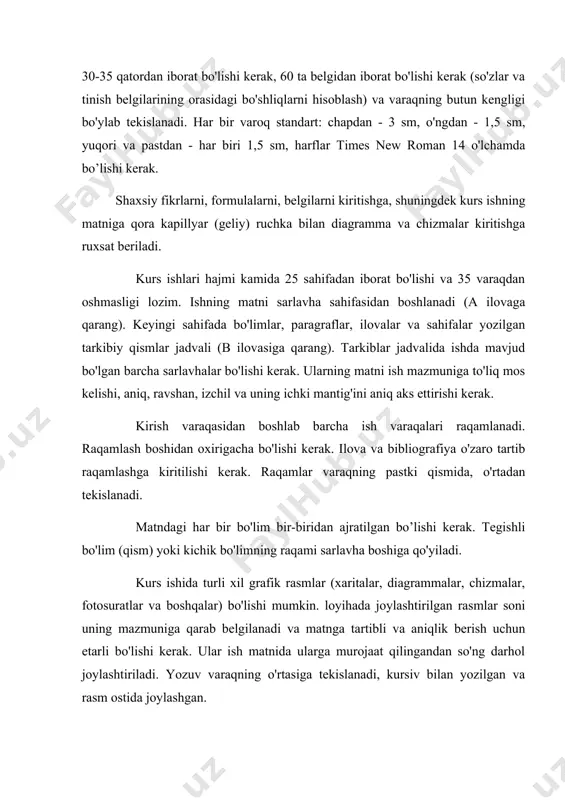 ajratilgan bo’lishi kerak. tegishli bo'lim (qism) yoki kichik bo'limning raqami sarlavha boshiga qo'yiladi. kurs ishida turli xil grafik rasmlar (xaritalar, diagrammalar, chizmalar, fotosuratlar va boshqalar) bo'lishi mumkin. loyihada joylashtirilgan rasmlar soni uning mazmuniga qarab belgilanadi va matnga tartibli va aniqlik berish uchun etarli bo'lishi kerak. ular ish matnida ularga murojaat qilingandan so'ng darhol joylashtiriladi. yozuv varaqning o'rtasiga tekislanadi, kursiv bilan yozilgan va rasm ostida joylashgan. kurs ishiga joylashtirilgan raqamli material, jadval ko'rinishida chiqarish tavsiya etiladi. jadvallar varaqqa rasmlar singari joylashtirilishi kerak. har bir jadvalga o'tish raqami va imzo qo'shiladi. jadval sarlavhasi birinchi satrni ko'rsatmasdan varaqning chap chetiga tekislanadi, kursiv bilan yoziladi va jadvalning tepasida joylashgan. no.,%, +, -, , = va hokazo belgilar faqat sonli qiymatlar uchun ishlatilishi kerak. matnda bu belgilar so'zlar bilan yozilishi kerak. hisob birliklari va fizik kattaliklarni o'lchash birliklarining harf belgilari matnda faqat bo'sh joy bilan ajratilgan sonli qiymatlar bilan qo'llaniladi (masalan: 5 dona, 10 mb). …