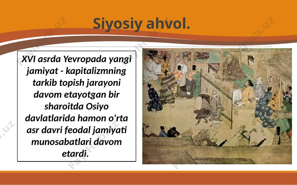 siyosatini davom ettirdi. 1614- yilda syogun xristian dinini taqiqlovchi qonun chiqardi. bu hol yaponiyaning yevropa bilan munosabatlariga ta'sir etmay qolmadi. natijada yaponiya tashqi dunyodan o'zini-o'zi ajratib qo'ydi. yosimune islohotlari. yosimune tokugava sulolasining eng mashhur davlat arbobi sifatida tanildi. u bu suloladan chiqqan sakkizinchi syogun bo'lib, 1716-1745- yillarda hukmronlik qildi. yosimune tokugava 12 u qo'riq yerlarni o'zlashtirish hisobiga dehqonchilik qiluvchilarni rag'batlantirish siyosatini yuritdi. sug'orish inshootlari tizimini takomillashtirdi. yerni sotish, sotib olish yoki garovga qo'yishni taqiqlovchi qonun chiqardi. mamlakat va jamiyat hayotini tartibga solishda u joriy etgan «100 moddali farmon» deb ataluvchi qonunlar to'plami katta ahamiyatga ega bo'ldi. savol va topshiriqlar 1. «kurashuvchi viloyatlar davri» iborasining mazmunini izohlab bering. 2. oda nobunaganing yaponiya tarixidagi xizmatiga baho bering. 3. toyotomi xidayosi va tokugava iayasularning yaponiya oldidagi xizmatlarini taqqoslang. 4. nega xidayosi va tokugava yaponiyada xristian dinini taqiqlash siyosatini yuritganlar? image2.jpeg image3.jpeg image4.jpeg image5.jpeg image6.jpeg image7.jpeg image8.jpeg image9.jpeg image10.jpeg image11.jpeg image12.jpeg image13.jpeg image14.jpeg /docprops/thumbnail.jpeg