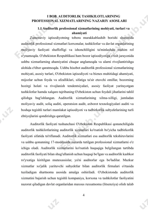 ga oladi. auditorlik xizmatlarini ko'rsatish huquqiga belgilangan tartibda auditorlik faoliyati bilan shug'ullanish uchun huquqi bo'lgan va auditorlik kasbkor ro'yxatiga kiritilgan mutaxassislar, ya'ni auditorlar ega bo'ladilar. mazkur xizmatlar xo'jalik yurituvchi subyektlar bilan auditorlik firmalari o'rtasida tuziladigan shartnoma asosida amalga oshiriladi. o'zbekistonda auditorlik xizmatini bajarish uchun tegishli kompaniya, korxona va tashkilotlar faoliyatini nazorat qiladigan davlat organlaridan maxsus ruxsatnoma (litsenziya) olish talab etiladi. bu tartib auditorlik faoliyatining professional va tartibga solingan soha ekanligini ko'rsatadi. auditorlik xizmatlarining asosiy maqsadi tekshirilayotgan korxonaning moliyaviy ahvoli to'g'risida xolis xulosa berishdan iboratdir. bundan tashqari, auditorlik tekshiruvi xo'jalik yurituvchi subyekt moliyaviy hisobotining va u bilan bog'liq moliyaviy axborotning ishonchliligini hamda buxgalteriya hisobi to'g'risidagi qonunchilikka muvofiqligini aniqlashga qaratilgan. auditorlik faoliyatining vazifalari nafaqat moliyaviy hisobotning to'g'ri tuzilganligini tekshirish, balki tashkilotning rentabelligini, moliyaviy ahvolini va ish faoliyatini aniqlashni ham o'z ichiga oladi. shuningdek, auditorlar axborotlardan foydalanuvchilarga taqdim qilinadigan hisobotlar to'g'risida xolis fikr-mulohazalar bildirish orqali ularga ishonch hosil qilishga yordam beradilar. nazorat ishlaridan …