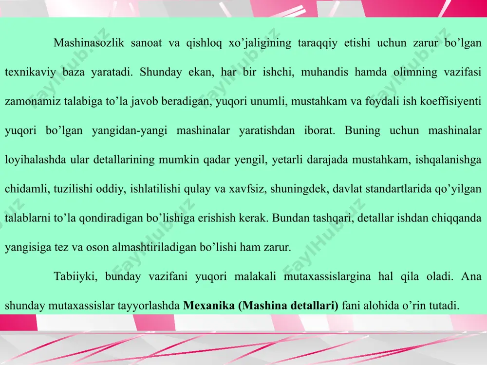 ofessor i.sulaymonov tomonidan 1981 yil chop etilgan. keyinchalik 2014 yilda professor sh.a.shoobidov tomonidan yangi talablar asosida darslik chop etildi. ayni paytda fandan ma’ruza mashg’ulotlari ushbu darslik asosida olib borilmoqda. кursning maqsadi: turli mashinalar uchun bir xil bo’lgan detallarni hisoblashda va loyihalashda zamonaviy usullarni, qoidalarni takomil­lashtirish, muhandislik tafakkurini rivojlantirishdir (bolt­lar, gaykalar, vallar, tishli g’ildiraklar, muftalar va boshqalar). кursning vazifalari: detallarning mashinadagi ishlash sharoit­larini hisobga olgan holda hisoblash va loyihalash malakalarini singdirish, materiallarni to’g’ri va aniq tanlash, detal rasmini, aniqlik darajasini va yuzaning ishlanish sifatini to’g’ri belgilash, bikrlikka, ustuvorlikka, ishqalanishga va yeyilishga, zanglashga bardoshlilik va chidamlilikka hisoblashni o’rgatishdir. mexanika(mashina detallari) kursi matematika, fizika, nazariy mexanika, metallar texnologiyasi, materiallar qarshiligi, mashina va mexanizmlar nazariyasi, materialshunoslik, mashinasozlik chizmachiligi, iqtisod, sanoat dizayni va badiiy konstruksiyalash, metallar zanglashi kabi bir qator fanlarga chambarchas bog’likdir. buni quyidagi misolda tushuntirish mumkin. ba’zi mashinalar yoki mexanizmlar yuqori bosim ostida, tajovuzkor muhit ta’siri ostida (bu asosan kimyoviy apparatlarda, yuqori bosim …