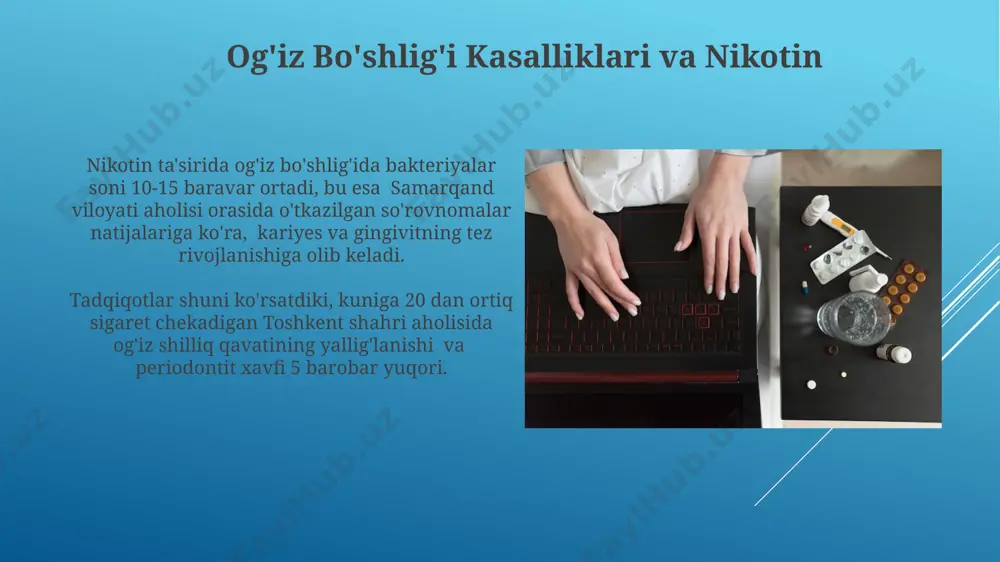 biliyatini pasaytiradi va 40 yoshdan oshgan ayollar orasida ko'pincha insulin qaramligini yomonlashtiradi, natijada sog'liqni saqlash vazirligining statistik ma'lumotlariga ko'ra, kasalxonaga yotqizish holatlari ko'payadi. nikotin iste'moli qandli diabet xastaligining 2-turi rivojlanish xavfini 30-50% ga oshirishi, xususan, 35 yoshdan oshgan o'zbekiston aholisi orasida kuzatilgan. nikotinizm: ta'rif va epidemiologiya toshkent shahri aholisi orasida oʻtkazilgan soʻrovnomalar nikotin bogʻliqligi bilan ogʻriganlarning 15% dan ortigʻi 18-25 yosh oraligʻida ekanligini koʻrsatdi. oʻzbekistonda 2022-yilgi epidemiologik tadqiqotlar natijalariga koʻra, erkaklar orasida chekish darajasi ayollarga nisbatan 3 baravar yuqori. tibbiy asboblar va nikotin qaramligidan davolash andijon viloyatida o'tkazilgan so'rovnoma natijalariga ko'ra, nikotin qaramligidan davolanayotgan bemorlarning 25% tibbiy asboblardan foydalanish bilan birga psixoterapiya usullaridan ham foydalanish samaradorligini yuqori baholagan. o'zbekiston tibbiy asboblar davlat reestriga 2023-yil holatiga ko'ra 500 dan ortiq nikotin qaramligini davolashga mo'ljallangan tibbiy asboblar kiritilgan bo'lib, ularning 30 foizi toshkent shahridagi klinikalarda qo'llaniladi. nikotinning asab tizimiga ta'siri sigaret chekish natijasida yuzaga keladigan nikotinning qon tomirlari devorlariga ta'siri 2-3 baravar …