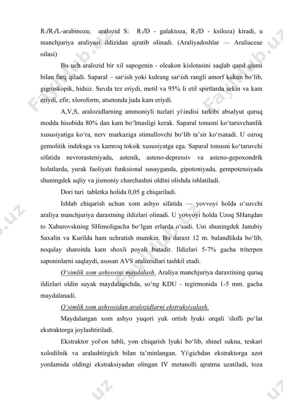 agichda, so‘ng kdu - tegirmonida 1-5 mm. gacha maydalanadi. o‘simlik xom ashyosidan aralozidlarni ekstraksiyalash. maydalangan xom ashyo yuqori yuk ortish lyuki orqali \ilofli po‘lat ekstraktorga joylashtiriladi. ekstraktor yol\on tubli, yon chiqarish lyuki bo‘lib, shinel sukna, teskari xolodilnik va aralashtirgich bilan ta’minlangan. yi\gichdan ekstraktorga azot yordamida oldingi ekstraksiyadan olingan iv metanolli ajratma uzatiladi, toza metanoldan kerakli hajmda qo‘shiladi. ekstraksiya 1 soat davomida qaynatib olib boriladi, so‘ng azot yordamida issiq metanolli ajratma druk-filtr orqali yi\gichga o‘tkaziladi. ekstraksiya shu tarzda 3 marta qaytariladi. birinchi uchta ajratma texnologik jarayonning keyingi bosqichiga yuboriladi, iv ajratma yangi xom ashyoni ekstraksiyasi uchun ishlatiladi. chiqish unumi — 94,3%. boshlan\ich jarayondan boshlab chiqish unumi 89,58%. aralozidlar yi\indisini olish. birlashtirilgan o‘rtacha metanolli ekstrakt vakuum yordamida yi\gichga, undan ekstrakt rotor plyonkali bu\latgichga o‘tkaziladi, parlanish 160-180 l/s tezlik bilan par bosimi 1 atm. dan oshmagan holda, qolgan bosim 100-150 mm. sim. ust. da seksiyali \ilofda o‘tkaziladi. bu\latish boshlan\ich hajmning 1(10 qismi qolguncha …
