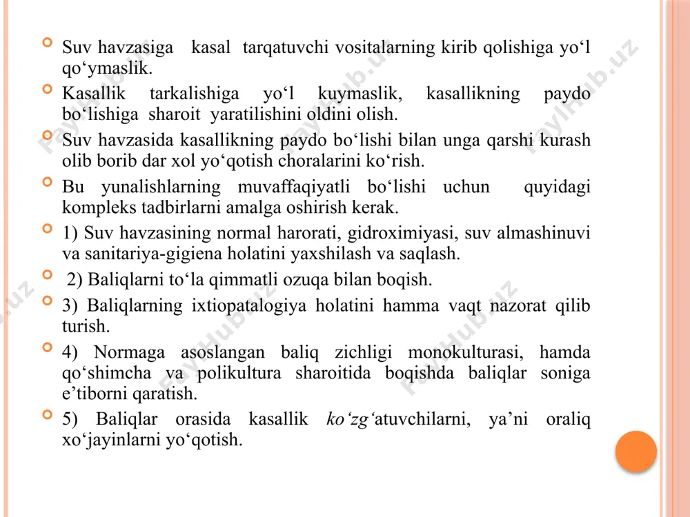 ‘lgan baliqlarning murdalarini 20%li xlorli oxak yordamida zararsizlantiradi va tuproqga ko‘mib tashlashadi. kuzda xovuzlar bo‘shatiladi, sog‘lom baliqlar sotuvga chiqariladi. baliqli xovuzlar butun yil davomida tozalanadi, buning uchun (25 s/ga) so‘ndirilgan va (3 – 5 s/ga) xlorli oxak ishlatiladi. xovuz tuprog‘iga sabzavotlar va o‘simliklar ekiladi. tozalash ishlari tugagach, klinik tekshirishlar yaxshi natija bergach karantin xolati olib tashlanadi. baliqlarning (dermatomikoz) va ikralarning (bissus) saprolegniozi. chuchuk suv xavzalarining baliqlari kasallanadi. bu kasallikda teri, suzgichlar, jabra apparati va ko‘payish davrida ikralarning zararlanishi kuzatiladi. kelib chiqishi. saprolegniozning qo‘zg‘atuvchilari – tuban, mog‘or zamburug‘lari saprolegniales guruxiga kiruvchi va saprolegnia turkumiga kiradigan bir necha turlar: s.parasitica, s.mixta, s.ferax kabilar qo‘zg‘atadi. bular to‘siqsiz va shoxlangan mitseliysi bilan ajralib turadi. zamburug‘ giflarining qalinligi 20 mkm, ko‘p miqdorda yadrosi bor protoplazmali, qalin qobiq bilan o‘ralgan. jinssiz ko‘payish vaqtida giflarning oxirida sporangi xosil qiladi, ularda sporalar va xivchinlar bo‘ladi. jinsiy ko‘payish organlariga anteridiy va oogoniylar kiradi. oogoniyda urug‘langan tuxum xujayra zigotaga aylanadi. …