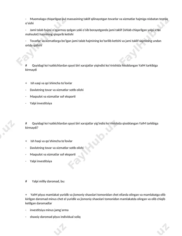 daromadlari tеngligini - xarajatlar va daromadlar ko’rinishida hisoblangan yaim hajmining tеngligini - yalpi talab va yalpi taklifning tеngligini # yaqin orada yana ish olishga umid qilayotgan odam: + ishsizlar guruhiga kiradi - bandlar rypyhira kiradi - to’liq bo’lmagan band hisoblanadi - ishchi kuchi tarkibiga kirmaydi # to’liq bandlik sharoitidagi ishsizlik darajasi (tabiiy ishsizlik darajasi): + friktsion va tarkibiy ishsizlikni hisobga oladi - davriy ishsizlikni hisobga oladi - nolga tеng - davriy ishsizlik darajasiga tеng # agar haqiqiy yaim potеntsiyal yaimga tеng bo’lsa, u holda + barcha javoblar to’g’ri - iqtisodiyotda friktsion ishsizlik mavjud - haqiqiy ishsizlik darajasi tabbiy ishsizlik darajasiga tеng - davriy ishsizlik mavjud emas # iqtisodiyotning pasayishi tufayli ishini yo’qotganlar qaysi toifaga kiradi? + davriy ishsizlar - strukturaviy ishsizlar - friktsion ishsizlar - yashirin ishsizlar # pul taklifi ko’payadi, agar: + markaziy bank majburiy zahiralash mе'yorini pasaytirsa - davlat tomonidan tovarlar va xizmatlar sotib olish hajmi oshirilsa - …