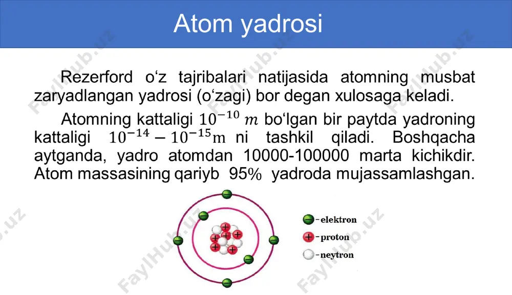 ladi, ya’ni ifodadan ko‘rinib turibdiki, solishtirma bog‘lanish energiyasi turli yadrolar uchun turlichadir. sehrli yadrolar. tajribalarning ko‘rsa-tishicha, tarkibidagi protonlari yoki neytron-lari 2, 8, 20, 28, 50, 82, 126 sonlarga teng bo‘lgan yadrolar sehrli yadrolar deyiladi. ikki karra sehrli yadrolar yanada barqarordir. bunday yadrolarning o‘zi beshtagina: . atom energiyasining birligi. bir atom energiyasi birligi deb, bir atom massa birligiga to‘g‘ri keluvchi energiyaga aytiladi: 1 a. e. b. = 1 1 m.a.b.= 1 massa atom birligi uglerod atomi massasining 1/12 qismiga teng edi: masala: elementlarining yadrosi tarkibini aniqlang. yechish: : , 1) 2) javob: 19 ta proton, 39 ta nuklon, 20 ta neytron bor. 26 ta proton, 56 ta nuklon, 30 ta neytron bor. 1. mavzuni o‘qish va mavzuga oid savollarga javob yozish. (163-bet). 2. mendeleyev davriy sistemasidagi ixtiyoriy 10 ta element yadrosi tarkibini aniqlash. mustaqil bajarish uchun topshiriqlar image1.png image2.png image3.wmf image4.png oleobject1.bin image5.png image6.png image7.jpg image8.png image9.png image10.png image11.png image8.wmf oleobject2.bin …