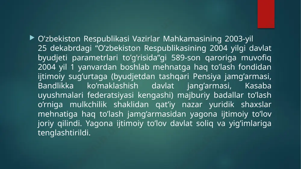 i sog‘ligiga boshqacha shikast yetganligi bilan bog‘liq zararning o‘rnini qoplash tarzidagi, ushbu kodeks 369-moddasi uchinchi qismining 10-bandida ko‘rsatilgan miqdorlardan ortiqcha xarajatlari paxta yig‘im-terimi bo‘yicha mavsumiy qishloq xo‘jaligi ishlariga jalb qilingan jismoniy shaxslarning bu ishlarni bajarganligi uchun mehnat haqi to‘lashga doir xarajatlar 404-modda. soliq bazasi soliqni hisoblab chiqarish uchun soliq bazasi ushbu kodeksning 371-moddasiga muvofiq to‘lanadigan xarajatlar summasi sifatida aniqlanadi. o‘zbekiston respublikasining diplomatik vakolatxonalari va konsullik muassasalari xodimlari, shuningdek o‘zbekiston respublikasi tashqi ishlar vazirligi tomonidan xalqaro hukumatlararo tashkilotlarga kvota qilingan lavozimlarga xizmat safariga yuborilgan shaxslar uchun soliqni hisoblab chiqarish maqsadida soliq bazasi ularning o‘zbekiston respublikasida budjet tashkilotlari xodimlari uchun ish haqi miqdorining oshishi inobatga olingan holda qayta hisoblab chiqariladigan, ular o‘zbekiston respublikasi hududidan tashqariga ishga yuborilguniga qadar oxirgi ish joyida mehnatga haq to‘lash tarzida olgan daromadlaridan kelib chiqib aniqlanadi. ushbu kodeks 403-moddasining ikkinchi qismida ko‘rsatilgan daromadlar bo‘yicha soliqni hisoblab chiqarish uchun soliq bazasi chet ellik xodimlarga to‘lanadigan daromadlar summasi sifatida, biroq …