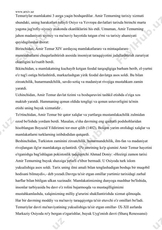an. jumladan, ulug' mutafakkir jaloliddin rumiy ustoz1ari ila masjid va madrasa hojatxonalarini poklashgan. abu rayhon beruniy kutubxonadagi kitoblardan foydalanmoq uchun masjid hovlisini har kuni supurib-sidirgan. so'fi olloyor tavbasining ijobati uchun kishilarning tahoratiga xizmat qilgan. bu xil a11omalar ustoz1ar tomonidan buyurilgan ishni bajarmas1iklari mumkin emas edi. aynan shu xil riyozatlar cheki1gani tufayli g'ururi singan, xudbinlik urug'i qurigan va oqibatda nafsiy illatlardan forig' bo'lib, komillikka inti1uvchi inson qolgan. yuzaki qaraganda, murshid shogirdiga jabr qilgandek tuyuladi. lekin bu «jabr» muridni tarbiyalash va chiniqtirish uchun juda zarur ekan. shu sabab «ota mehridan -ustoz jabri afzal» , degan purma'no maqol yarati1gan. bunga monand amir temur: «piri komil shayx bahouddin n aqshbandiyning: «kam yegin, kam ux1a, kam gapir» , degan pand- u nasihatlariga amal qildim. arkoni davlatga, barcha mu1ozim1arga ham aytar so'zim shu bo'ldi: «kam yenglar -ocharchi1ik ko'rmaysiz1ar, boy-badavlat yashaysiz1ar , kam uxlanglar -mukammallikka erishasiz1ar, kam gapiringlar dono bo'lasizlar. amir temur xiv asrda buyuk temuriylar davlatiga …