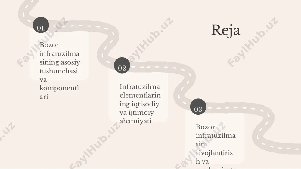 imallashtirishga, samaradorlikni oshirishga va raqobatbardoshlikni kuchaytirishga xizmat qiladi. raqamli inqilob bilan bog'liq yangi imkoniyatlar va texnologik yutuqlar bozor infratuzilmasining asosiy qismi hisoblanadi. axborot texnologiyalari photo by angela compagnone on unsplash savdo va xizmat ko'rsatish tarmoqlari savdo infratuzilmasining asosiy elementlari savdo infratuzilmasi retail, gross, logistika, omborlar va tarqatish kanallaridan tashkil topgan. bu elementlar mahsulotlarni mijozlarga yetkazishda muhim rol o'ynaydi. xizmat ko'rsatish tarmoqlarining ahamiyati sog'liqni saqlash, ta'lim, bank, turizm kabi xizmat sohalari iqtisodiyotda muhim o'rin tutadi. ular aholining farovonligini oshiradi va iqtisodiy rivojlanishga xizmat qiladi. savdo va xizmat ko'rsatish o'rtasidagi bog'lanish savdo va xizmat sektorlari o'zaro bog'liq bo'lib, logistika va moliyaviy xizmatlar savdo rivojlanishini ta'minlaydi. masalan, logistika kompaniyalari retail tarmog'iga xizmat ko'rsatadi. 01. 02. 03. bozor infratuzilmasining kelajagi rivojlanish istiqbollari raqamli texnologiyalar va avtomatizatsiya bozor infratuzilmasini rivojlantiradi, blockchain va ai yordamida xavfsizlik oshadi. ekologik barqarorlik va barqaror rivojlanish tamoyillari asosida infratuzilma shakllanadi, iqtisodiy va ekologik barqarorlik ta'minlanadi. innovatsiyalar va texnologiyalar yangi texnologiyalar, …