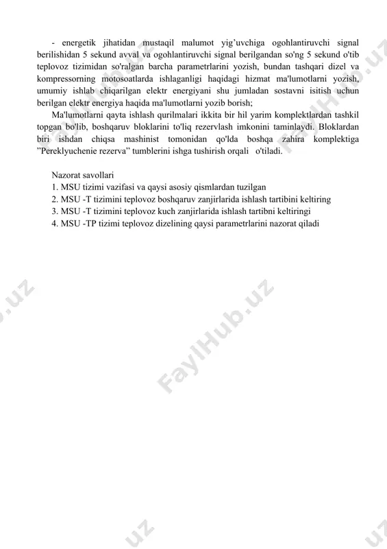 tik yig’ish va ajratish; tortuv elektr dvigatellarning uyg’otishni susaytirish kontaktorlarini avtomatik boshqarish; elektr egenrgiya bilan ta'minlovchi tortuv generatorning uyg’otish tizimini mashinist kontrollerining poziciyasidan kelib chiqib avtomatik rostlash dizel valini aylanishlar chastotasini elektr tormozlanish ishga tushishi vaqtidan boshlab avtomatik boshqarish sostavni elektr taminotini avtomatik boshqarish; tsh keltirilgan teplovoz va dizel bo'yicha barcha himoyalar, teplovoz himoya aparatlariga ta'sirlar; teplovozning barcha elektr tormozlanish rejimlari: to'htatuvchi, teplovoz pastlikka qarab yurganda tezlikni bir maromda ushlab turuvchi, shoshilinch, avariyaviy ; tormoz kompressorni boshqarish; yilning sovuq kunlari dizelni avtomatik ravishda qizdirib turish; tortuv elektr dvigatellarida sirpanishni va shataklanishni aniqlab bartaraf qilish; suv va moy jalyuzalarni avtomatik va qo'lda boshqarish; - teplovozni va dizelni avtomatik to'htatish; - real vaqt birligida kabinadagi displey boshqaruv modulida diagnostika va hizmat ma'lumotlarni berib borish; -belgilanmagan va avariyaviy holatlar kelib chiqganda displey moduliga ogohlantiruvchi ma'lumotlarni berish, bunda ishdan chiqgan yoki nosoz elektr zanjir elementlarini ko'rsatish; - belgilangan algoritm bo'yicha teplovozning qurilmalarini avtomatik diagnostika …