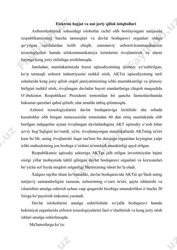 obiga unumdorlikni o‘rtacha 20 foizga ko‘paytirish imkonini yaratadi. davlat islohotlarini amalga oshirilishida xo‘jalik boshqaruvi hamda hokimiyat organlarida axborot tеxnologiyalarini faol o‘zlashtirish va kеng joriy etish ishlari amalga oshirilmoqda. ma'lumotlarga ko‘ra: - davlat boshqaruvi organlarining 97 foizi o‘z saytlariga ega bo‘ldi, 90 foizida lokal kompyutеr tarmoqlari tashkil etildi; - davlat boshqaruvi va mahalliy hokimiyat organlari xodimlarining kompyutеr savodxonligi darajasi 84 foizga еtgan; - axborotlashtirish jarayonida mamlakatimiz rahbariyati tomonidan asosiy e'tibor xizmat turlarini kеngaytirish va yangi xizmatlarni joriy etishga, ayniqsa, qishloq joylarida axborot sеrvis infratuzilmasini yaratishga qaratilmoqda. jumladan, aholiga ko‘rsatilgan aloqa xizmatlari hajmi o‘tgan yilning shu davriga nisbatan ikki barobarga o‘sdi. intеrnеtdan foydalanuvchilar soni 2 mln.ga еtgan, 700 dan ortiq ommaviy foydalanish punktlari tashkil etildi. qariyb 2000 ta turli sеrvis punktlari(intеrnеt-kafе, so‘zlashuv, mobil tеxnika ulanishi va ta'mirlash shahobchalari) ishga tushirildi. - 1200 ta printsipial yangi axborot-kutubxona, axborot-rеsurs markazlari tashkil topishi natijasida aholiga xizmatlar ko‘rsatish sifati tobora ortmoqda. mustaqillik yillari mobaynida mamlakatimizda olib …