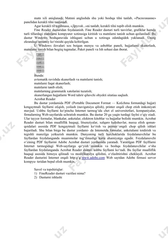 ishi segmentlash deb ataladi. ishning oxirgi bosqichi — bevosita anglash. bu bosqich, odatda, foydalanuvchining yordamida amalga oshiriladi. agar qog‘ozii hujjat sifatsiz yoki uning shrifti odatdagiday boimasa, bu ishni qiyinlashtiradi. bunday holatda xatolarga yo‘1 qo‘yilishi yoki anglash qiyin boiishi mumkin. bunda ko‘pincha hujjatni maqsadga mu- vofiq holda chiqarish uchun dasturni awaldan boshlash kerak. bitta ham kodli qog‘oz qoldirmasdan anglash tizimini o‘rganish lozim. bir- ikki bet matnni anglash qolgan matn hajmini ishonchli anglash uchun yetarli hisoblanadi. dasturni o‘rganish paytida ekranda ishonchsiz tasvir ko‘rinsa, uning nomini klaviatura orqali kiritish kerak. fine reader nafaqat kompyuterda, balki mashinkada yozilgan matn- larni ham anglaydi. skanerlashdan oldin menyudan kerakli boiimni tanlash lozim. bu bolimlar uchta: «kompyuter matni», «mashina yozuvli matn» va «avto». ko‘pincha kitobdan skanerlashda oxirgi qator inatnni anglash vaqtida to‘g‘ri qoilanilishi lozim. buning uchun sichqonchani kerakli qatorga olib kelib bosish kerak. keyin xatoni tekshirish va anglangan natijani xotirada saqlash lozim. bu harakatni scan read panelida tugmacha …