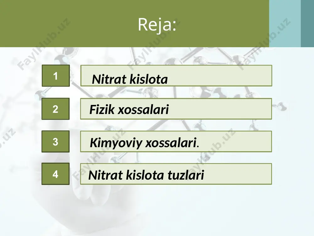 mis qo‘shiladi reaksiya natijasida qo‘ng‘ir gaz — no2 hosil bo‘lishi tekshirilayotgan tuz nitrat ekanligini bildiradi: 2nano3 + h2so4 = na2so4 + 2hno3 4hno3 + cu = cu(no3)2 + 2no2 + 2h2o nitratlardan asosan qishloq xo‘jaligida mo‘l hosil olish uchun mineral o‘g‘it sifatida foydalaniladi. image1.jpeg image3.png image4.png image5.jpeg image6.jpeg image7.png image8.jpeg image9.jpeg image10.png image11.jpeg image12.png image13.jpeg image14.jpeg image15.png image16.jpeg image17.jpeg image18.jpeg image19.jpeg image20.jpeg image21.png image22.jpeg image23.jpeg image24.png image25.jpeg image26.jpeg image27.png image28.png image29.jpeg image30.jpeg image2.jpeg