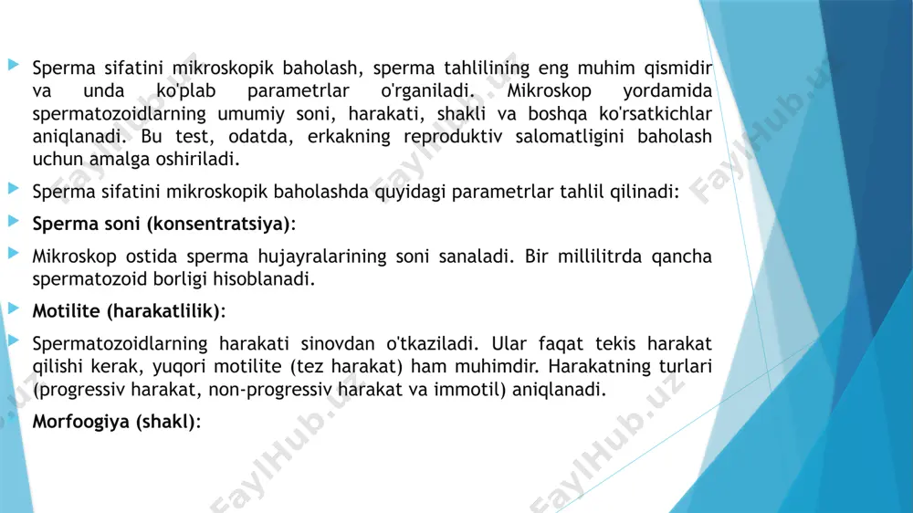 sperma tahlilini muntazam ravishda o'tkazish tavsiya etiladi. sperma sifatini mikroskopik baholash, erkaklar reproduktiv salomatligini baholashning muhim usullaridan biridir. sperma tahlili, sperma hujayralarining ko'rsatkichlarini o'rganish orqali, urug'lanish imkoniyatlarini aniqlashga yordam beradi. mikroskop yordamida bu ko'rsatkichlar aniq baholanadi va reproduktiv salomatlikning holatini aniqlashda muhim rol o'ynaydi. sperma sifatini mikroskopik baholashda ko'rib chiqiladigan asosiy parametrlar quyidagilar: 1. sperma soni (konsentratsiya) sperma soni — bu bir millilitr spermadagi spermatozoidlar soni. mikroskop yordamida sperma namunasidagi spermatozoidlar soni hisoblanadi. normal sperma soni bir millilitrda kamida 15 million spermatozoidni tashkil etishi kerak. kam sonli spermatozoidlar (oligospermiya) urug'lanish imkoniyatlarini kamaytirishi mumkin. sperma sifatini mikroskopik baholash, erkaklar reproduktiv salomatligini baholashning muhim usullaridan biridir. sperma tahlili, sperma hujayralarining ko'rsatkichlarini o'rganish orqali, urug'lanish imkoniyatlarini aniqlashga yordam beradi. mikroskop yordamida bu ko'rsatkichlar aniq baholanadi va reproduktiv salomatlikning holatini aniqlashda muhim rol o'ynaydi. sperma sifatini mikroskopik baholashda ko'rib chiqiladigan asosiy parametrlar quyidagilar: 1. sperma soni (konsentratsiya) sperma soni — bu bir millilitr spermadagi …