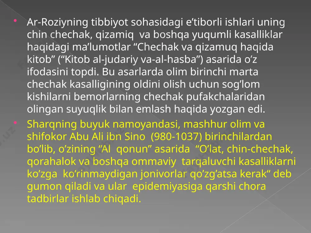 ijdan keltirilgan yuqumli kasalliklar. masalan, sharq mamlakatlarida bo’lib qaytgan. uzbekistonlik kishining bezgak bilan kasallanishi . hal qiluvchi belgilar aynan bir xil infeksion kasallikka xarakterli. (masalan qizamiqda filatov – koplik- belskiy dog’i, meningokoksemiyada gemorragik “yulduzchali” toshma nekroz elementlari bilan) tayanch belgilar aynan bir kasallik uchun tipik bo’lib, ammo boshqa kasalliklarda ham uchratish mumkin (virusli gepatitdagi sariqlik, meningitdagi meningial belgilar). yo’naltiruvchi belgilar bir qator infeksion kasalliklarda uchraydi (isitma, bosh og’rig’i, qaltirash va boshqalar). bu kasalliklar fekal-oral yo’l bilan yuqadi va tarqaladi. bemor ichagidagi patogen mikroblari, uning najasi orqali tashqariga chiqariladi. bemor ichagidagi va har xil yo’llar bilan sog’lom odamning og’zi orqali ichagiga tushadi (fekal-oral yo’li orqali yuqishning mohiyati shundan iborat). bu kasallikning qo’zg’atuvchi mikroblari va viruslari bemorning nafas yo’llari shilliq pardalarida joylashgan bo’lib, yo’talgandan keyin, aksirganda, gapirganda tupik zarrachalari bilan tashqariga chiqariladi va havo orqali sog’lom odamlarga yuqadi bu kasalliklar o’z navbatida 4 guruhchaga bo’linadi: 1. bu guruhchaga kiradigan kasalliklarning quzg’atuvchilari kirgan …