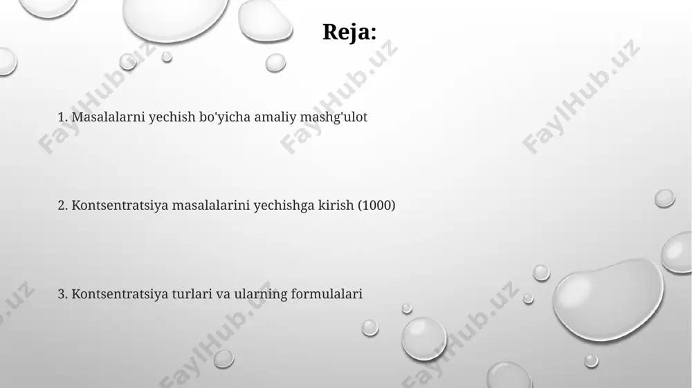 arlik (0.1 m naoh) yoki hajm ulushi (70% etanol) kabi turli xil birliklarda ifodalanishi mumkin. konsentratsiyalarni hisoblashda moddaning molar massasi (g/mol) va eritma hajmi (l) kabi asosiy tushunchalarni bilish muhim. to'g'ri hisoblash uchun konsentratsiya birliklarini konvertatsiya qilish ko'nikmalariga ega bo'lish zarur. hisoblash usullari va formulalar hisobot eritmaning foizli konsentratsiyasini (og'irlik bo'yicha) aniqlash uchun, erigan moddaning massasini eritmaning umumiy massasiga bo'lib, 100 ga ko'paytirish lozim. masalan, 20 g tuz 100 g eritmada bo'lsa, konsentratsiya 20% bo'ladi. eritmaning molar konsentratsiyasini (mol/l) topish uchun, erigan moddaning mol sonini eritmaning hajmiga (litr) bo'lish kerak. agar 1 mol modda 0.25 litr eritmada bo'lsa, molar konsentratsiya 4 m bo'ladi. e'tiboringiz uchun rahmat @taqdimot_robot image1.png image2.png image3.png
