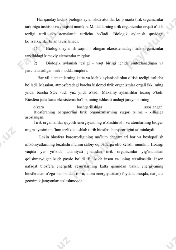 aro chambarchas bog’langan. o’lik tabiat elementlari o’zaro bir-biri bilan ta’sirda bo’lishi bilan birga, tirik tabiat bilan ham bog’langandir. tabiatdagi o’zaro ta’sir jarayonlarida tirik organizmlar aktivroq bo’ladi. akd. vernadskiy ta’biri bilan aytganda “tirik modda quyosh energiyasining kimyo boglar energiyasiga aylantiruvchi asosiy va yagona ma’badir.” yer sharining tirik organizmlar tarqalgan qismi biosfera deb ataladi. biosfera tarkibiga atmosferaning troposfera deb ataluvchi 10-16 km qalinlikdagi pastki qismi, butun gidrosfera va litosferaning ustki qismi kiradi. tabiat bilan shu tabiatning bir qismi bo’lgan inson jamiyati ham o’zaro ta’sirda bo’ladi. inson jamiyati rivojlanib borgan sari uning tabiatga ta’siri ham kuchayib bormoqda. inson jamiyatining tabiatga ta’siri ongli va ongsiz bo’lishi mumkin. insonning tabiatga ongli ta’siri deganda, oldindan rejalashtirilgan, ma’lum maqsadni amalga oshirish uchun tabiatga ta’siri tushuniladi. masalan, o’rmonlarni kesish, balik ovlash, foydali qazilmalarni qazib olish va h.o. insonning tabiatga ta’siri ko’p xollarda tabiiy resurslardan foydalanishga qaratilgan va bu ta’sir tabiiy resurslarning kamayishiga olib kelishi mumkin. insonning tabiatga ongli …
